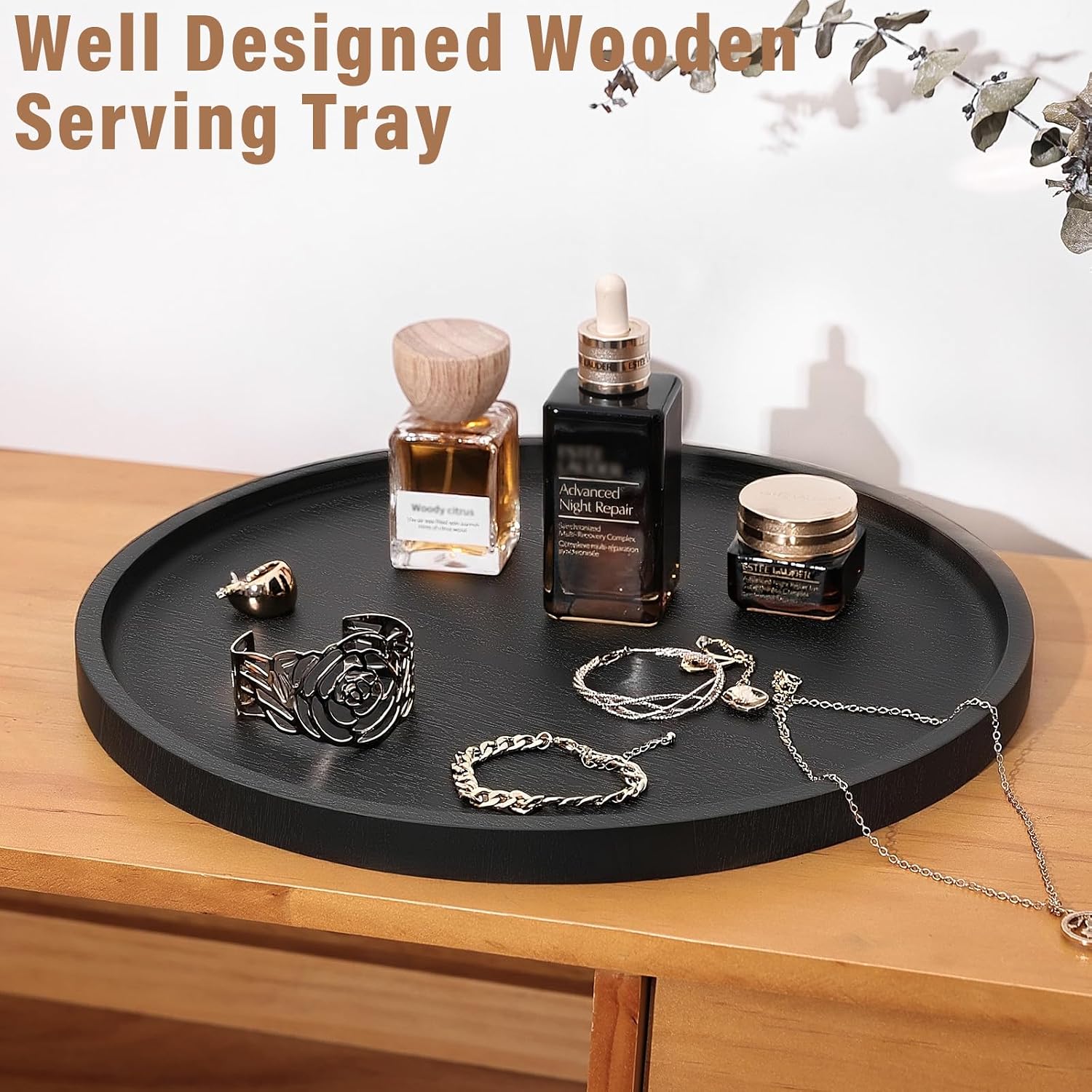Round Wooden Serving Tray / Black / 11 Inch / Set of 11
