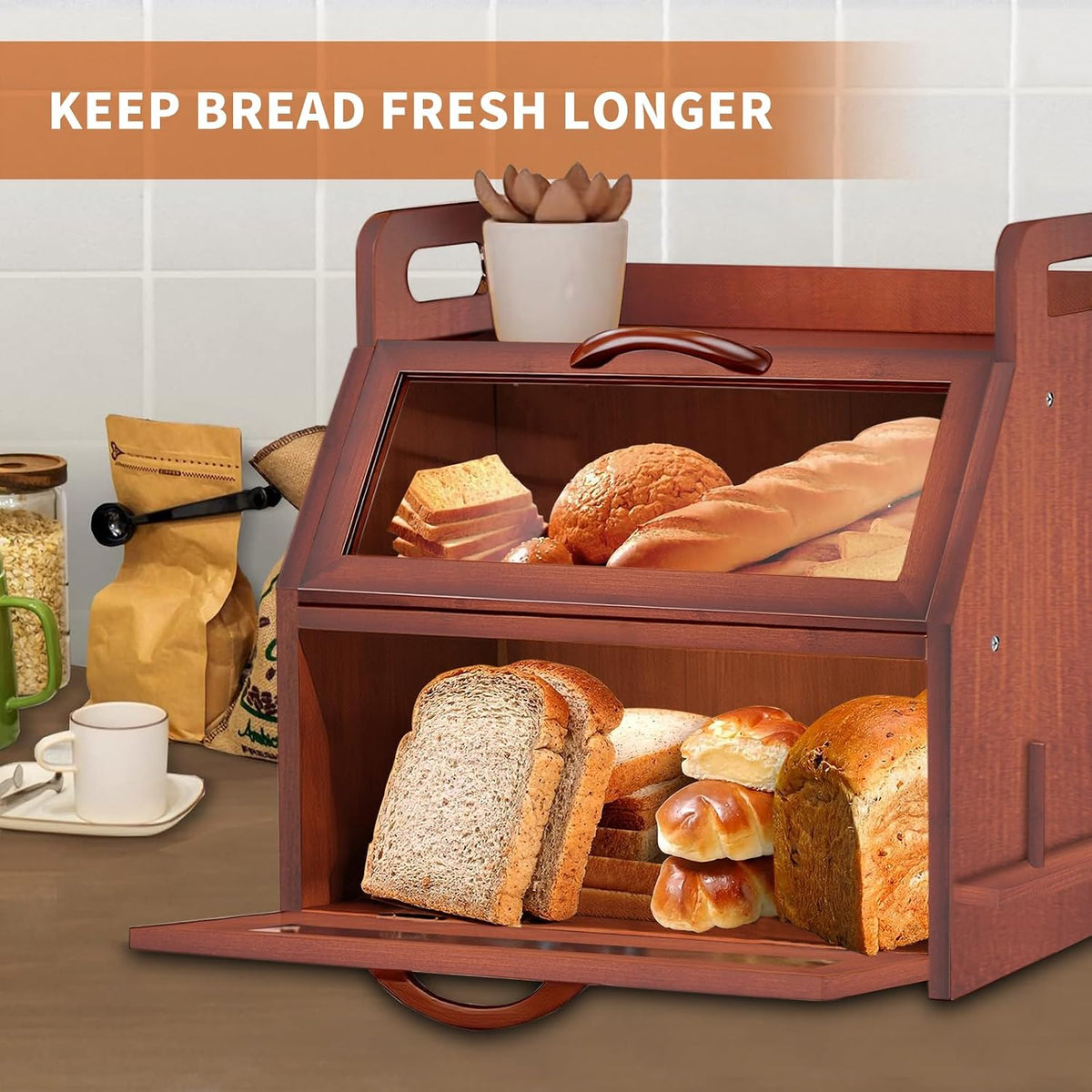 BAMBANG Bread Box for Kitchen Countertop, Extra Large Double Layer Bamboo Breadbox with Clear Window, Farmhouse Wooden