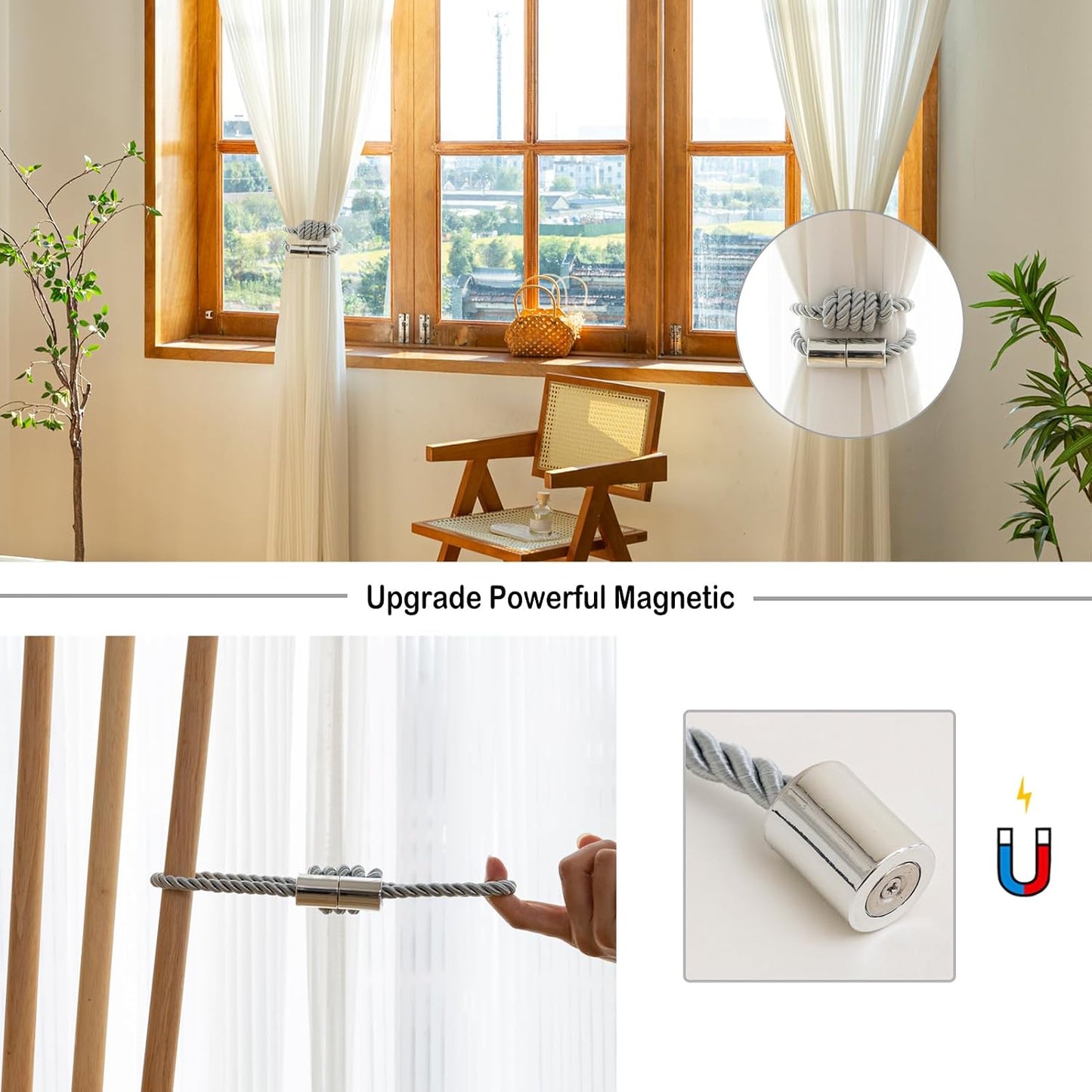 Curtain Tiebacks Magnetic Decorative Rope Tie Backs Holdbacks Contoeey | 8 Pack Grey Modern Elegant Window Treatment