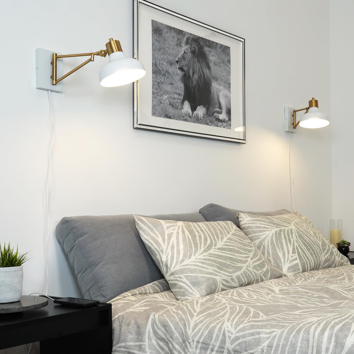Globe Electric 51344 1-Light Plug-in or Hardwire Swing Arm Wall Sconce, White, Brass Accents, White-Cloth Cord, Mounted