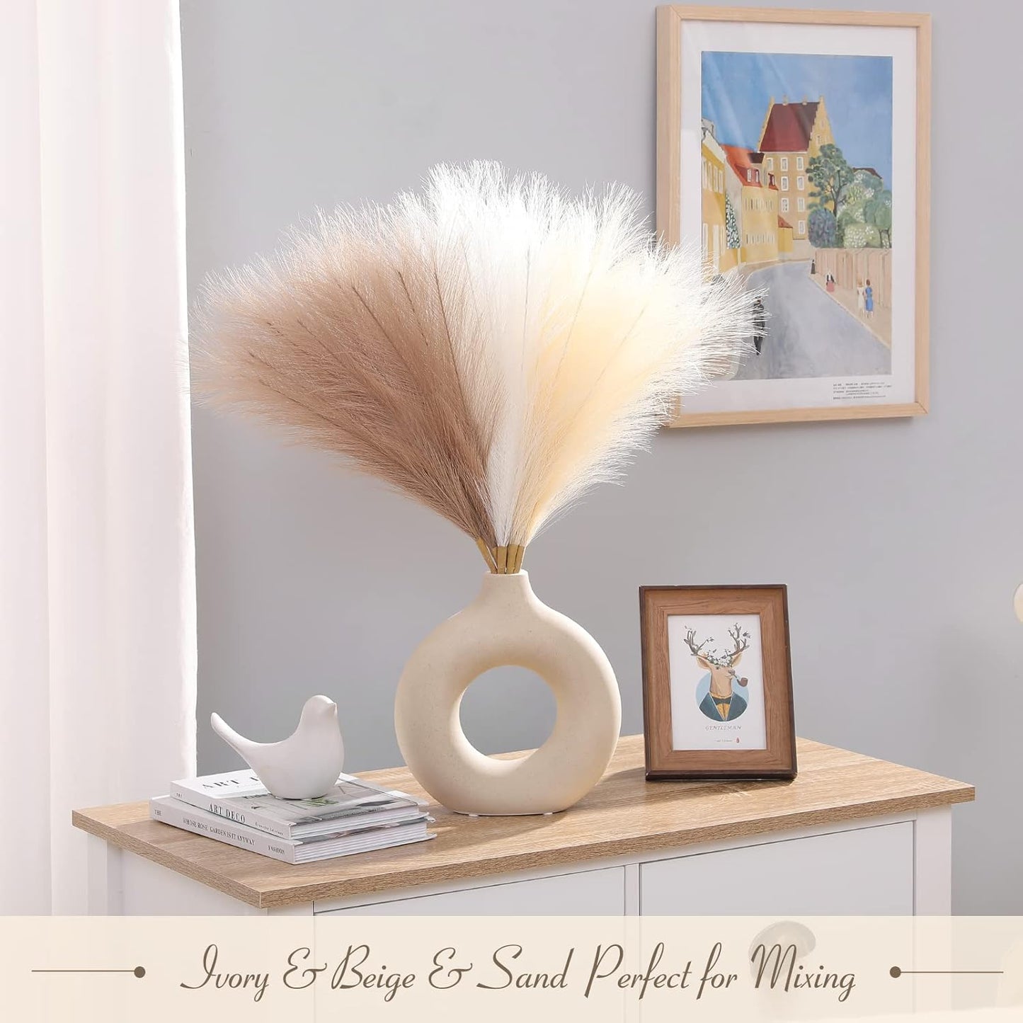 Artificial Pampas Grass Decor Boho Decor / Ivory & Beige & Sand / 17 Inch / 17.7 Inch / Set of 6