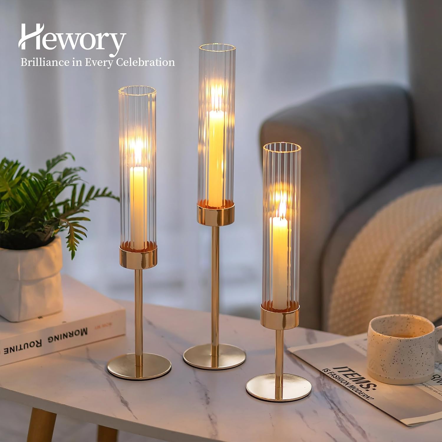 Hewory Gold Taper Candle Holders: Candlestick Holders Set of 6 Hurricane Glass Tall Candle Holder for Candlesticks