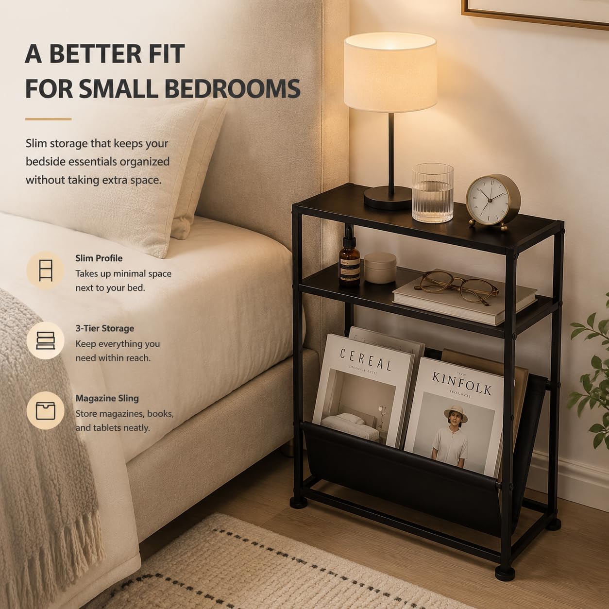 Narrow End Table for Small Spaces - Slim Side Table with Magazine Holder,2 in 1 Design Narrow Coffee Table Living