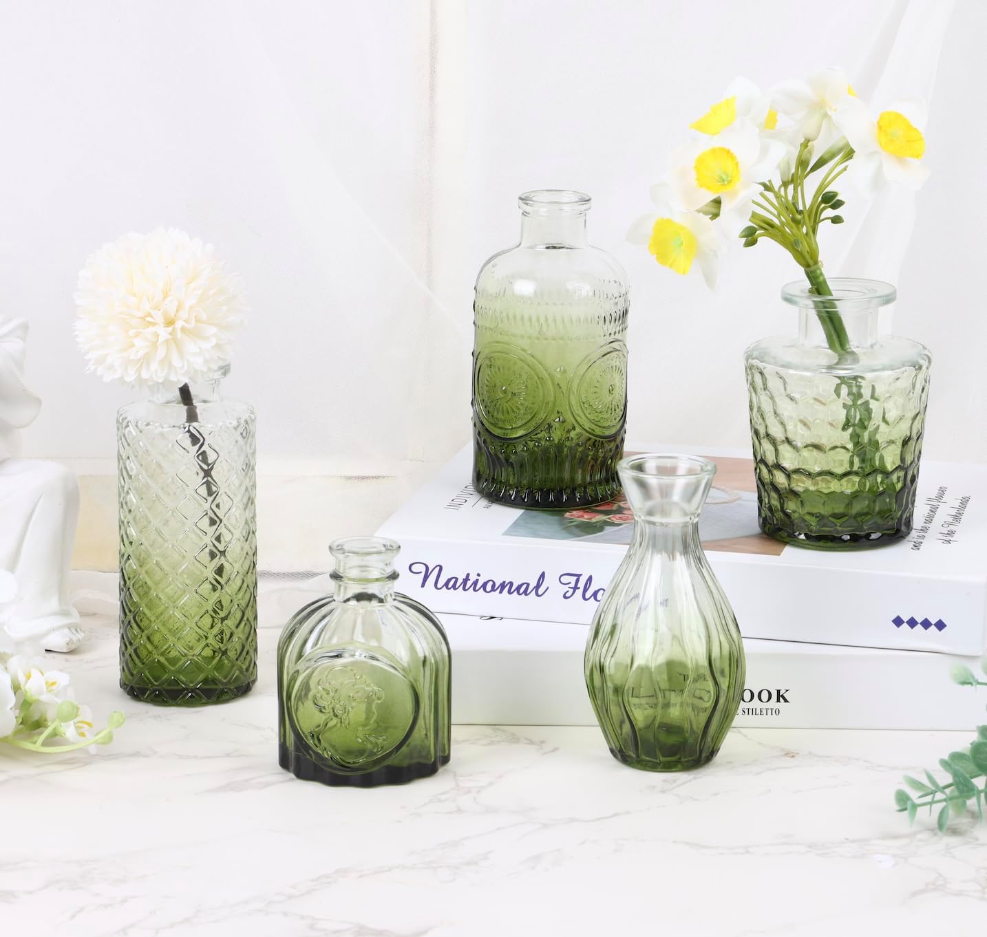 Glass Bud Vase Set / Green / Set of 5