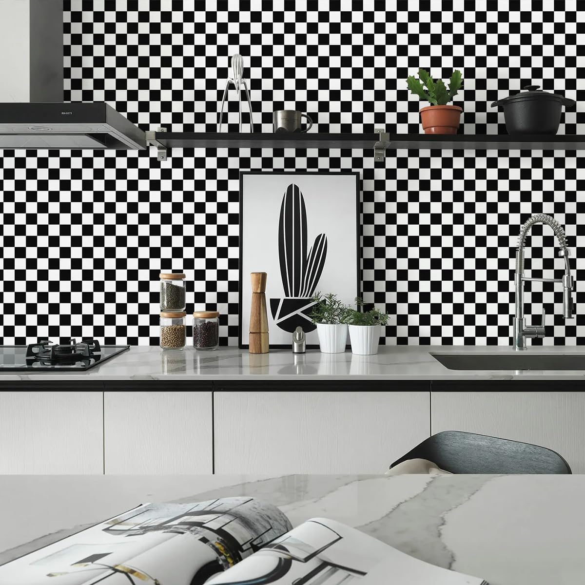 White Wallpaper Peel and Stick Checkered Contact Paper " Mosaic Checkered / 17.7 x 393.7 / Black