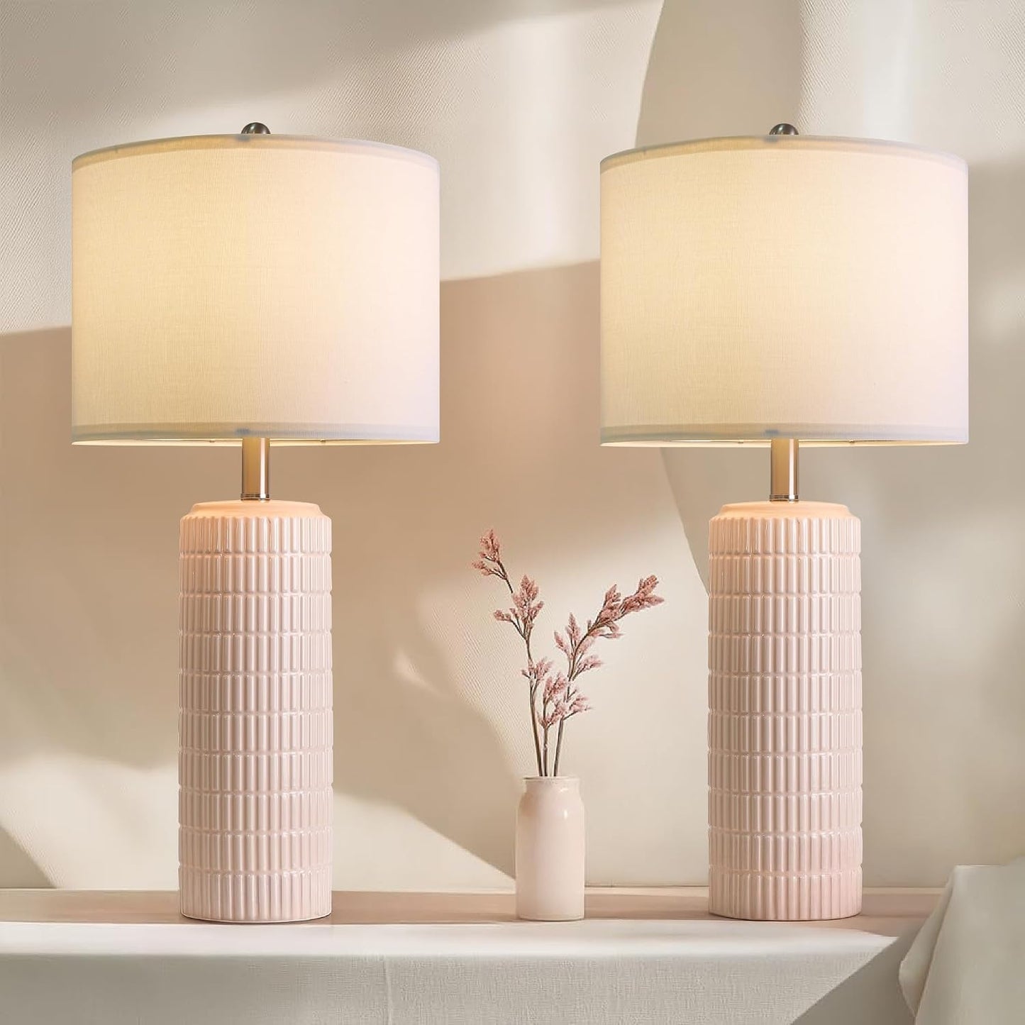 PoKat 27.5" Pink Ceramic Table Lamps for Girls Room Set of 2, Modern Bedroom Lamps, Bedside Lamps for Night Stands