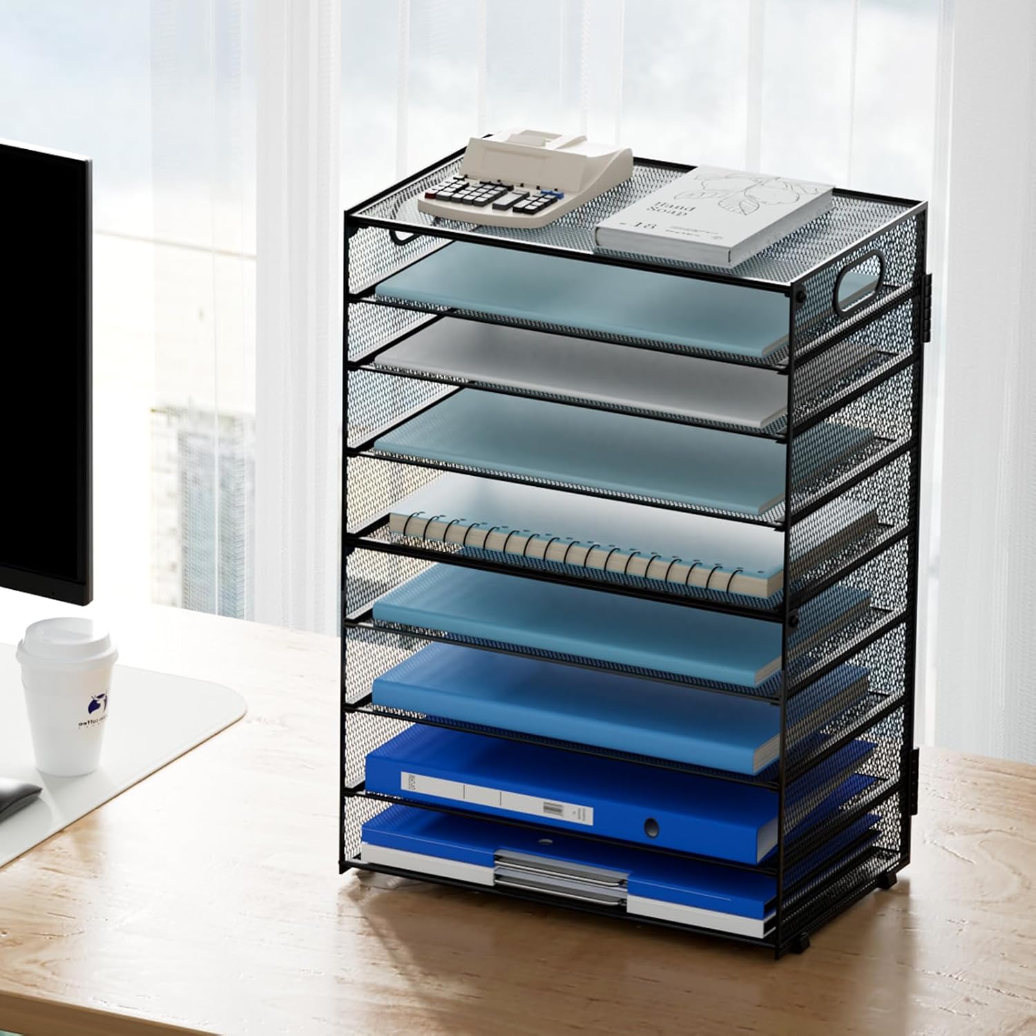 Marbrasse Paper Organizer Letter Tray, 9 Tier Mesh File Organizer with Handle, Paper Sorter Desk Organizer for Home