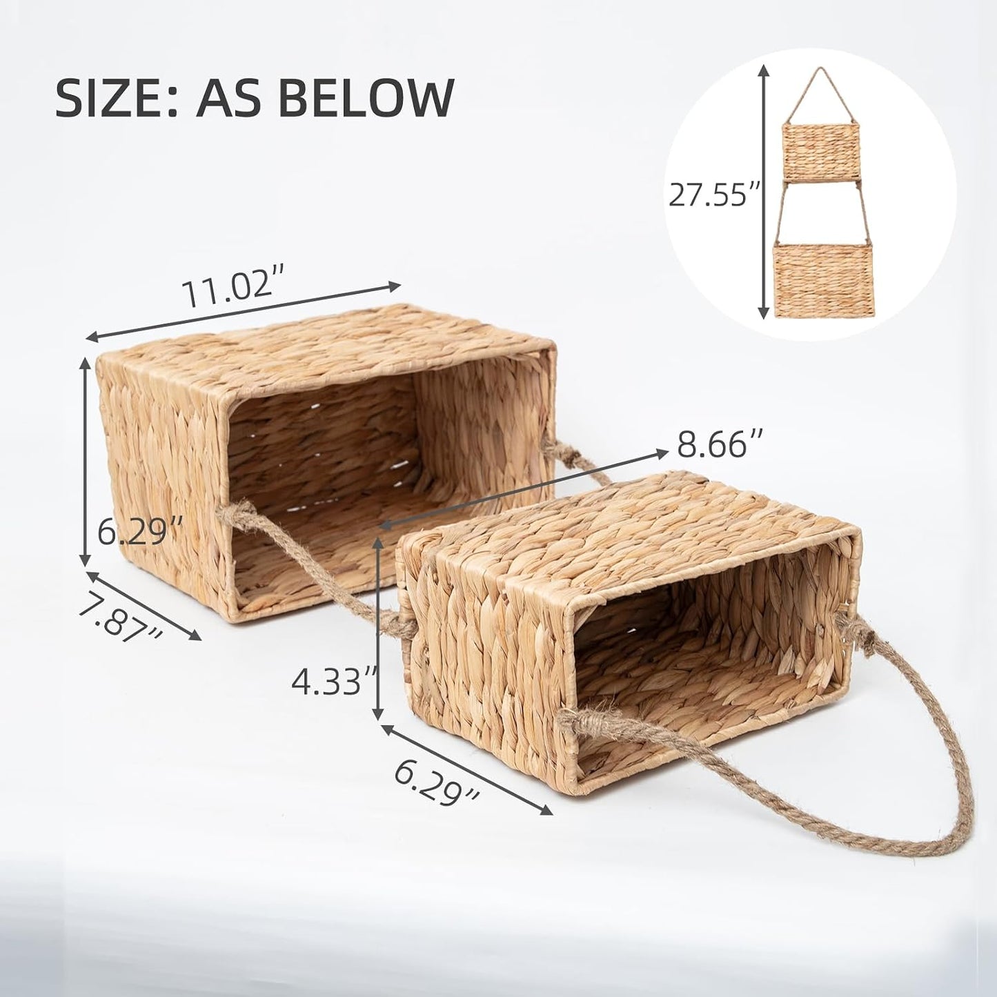 Hanging Basket 2-Tiered Woven Wicker Wall Basket Organizer / Water Hyacinth