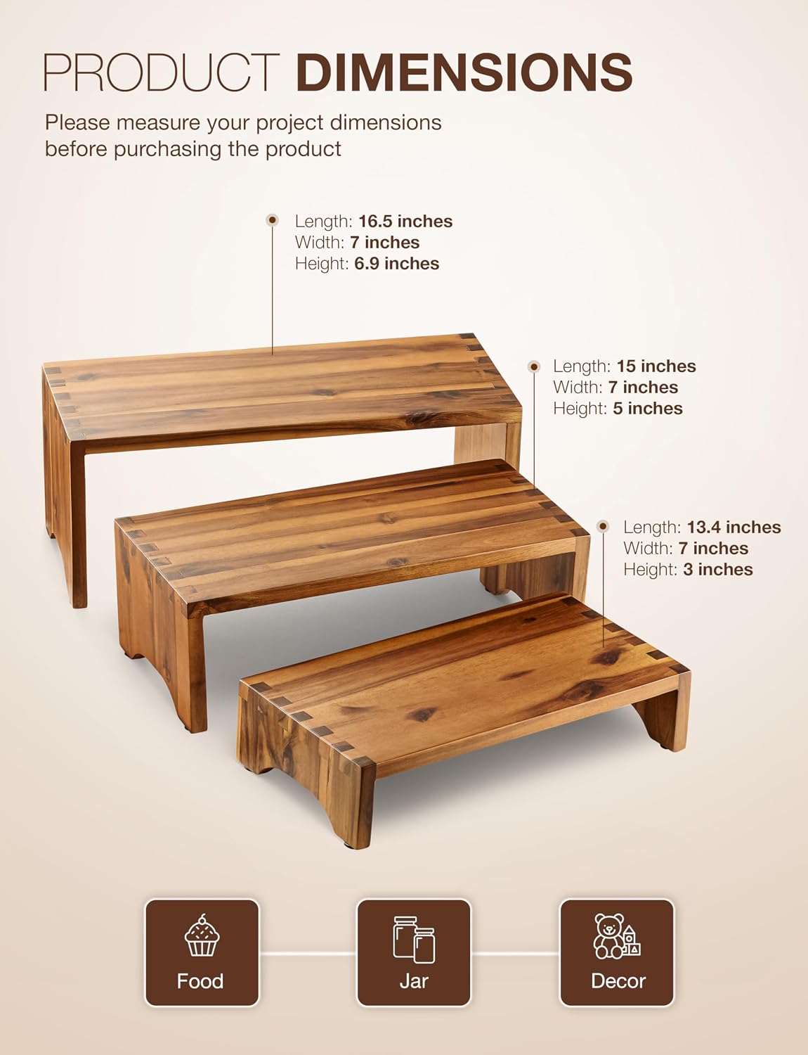 Tidita Wooden 3 Tier Cupcake Stand, Riser Display Stand with Non-Slip Pads | Set of 3 Size ,Solid Acacia Wood, No