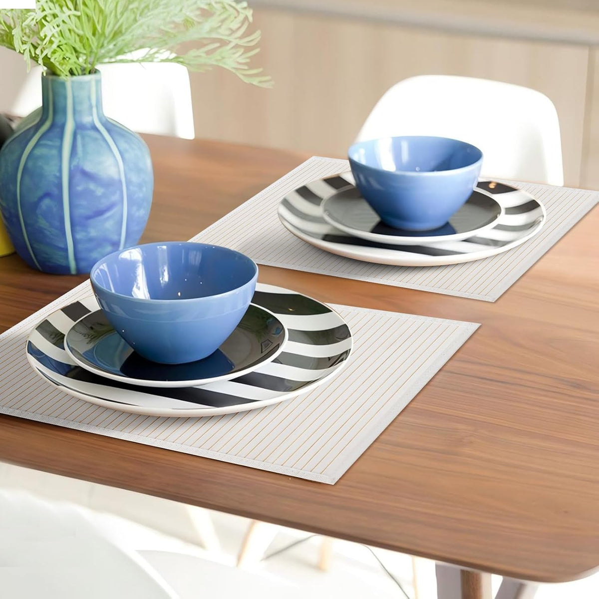 Bamboo Placemats Set of 8 with Fabric Border, Table Mats, White | 18" x 12", Natural Bamboo Rectangular Place Mat, for