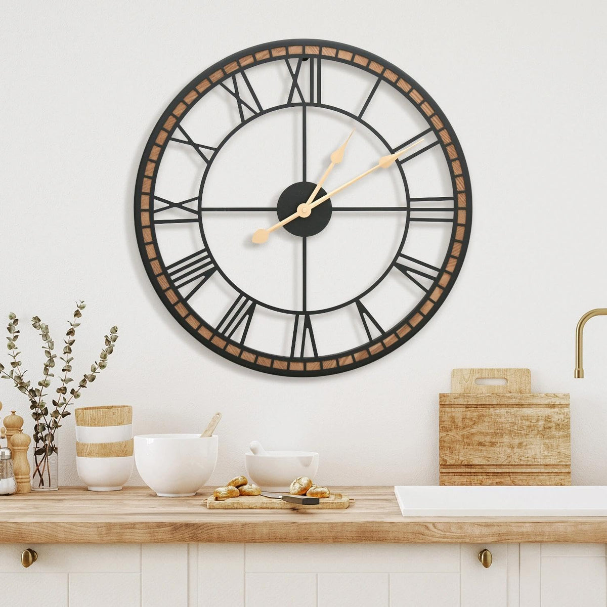 Micasso Modern Farmhouse Decorative Clock: 20 inch Battery Operated | Metal Wood Frame with Metal Center - Roman