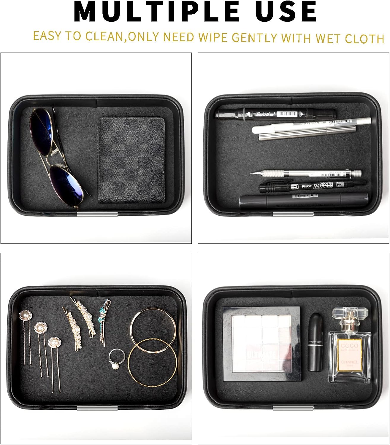 Leather Tray Organizer Valet Tray Key Tray for Entryway Table Desktop / 9 x 6.2 x 2.2 / Black