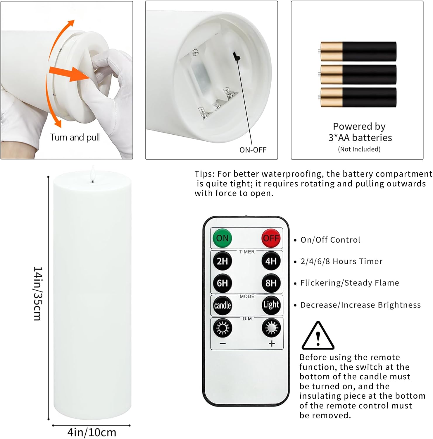 14" x 4" Large Outdoor Candle with Remote Timer Waterproof White 1 Pack | Battery Operated Flameless Pillar Candle