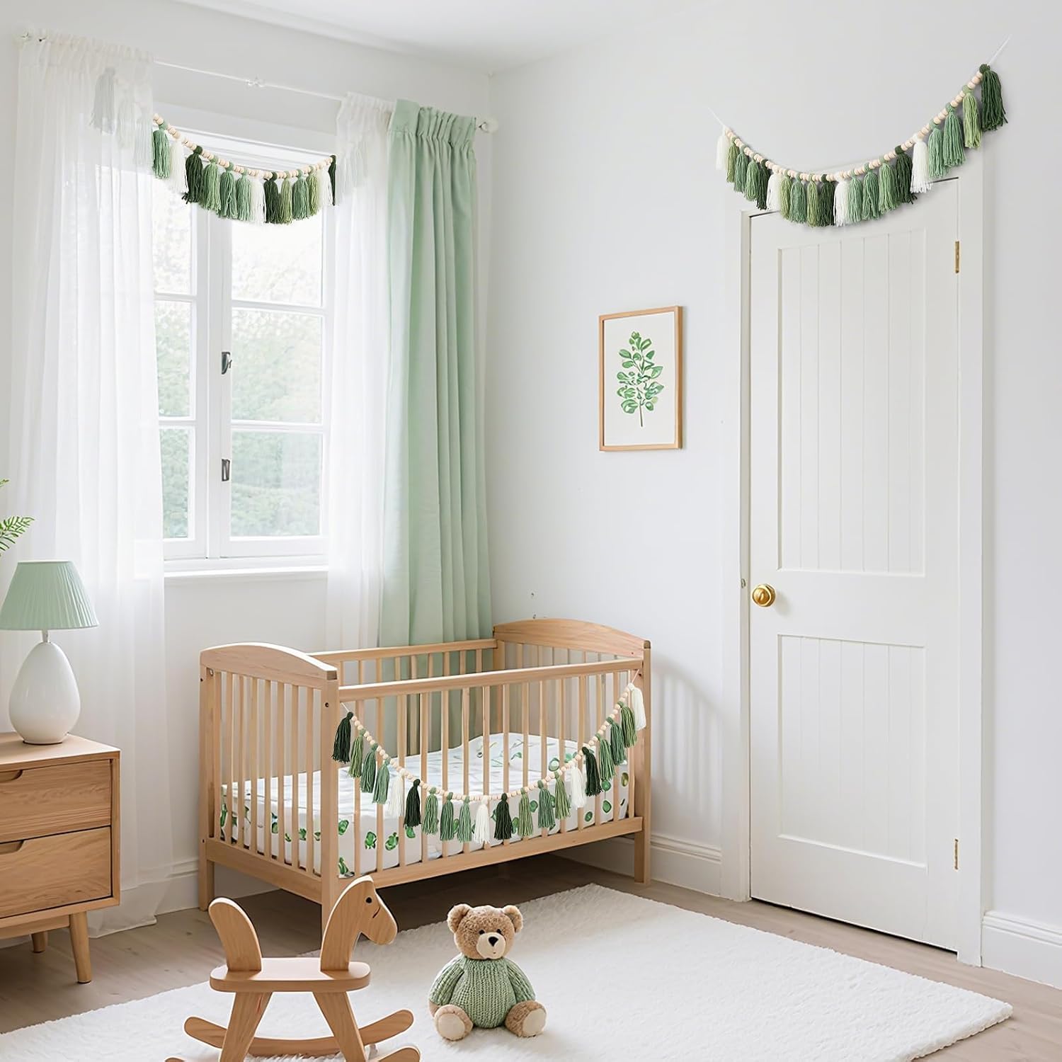 Boho Yarn Tassel Garlands Sage Wall Hanging Decoration / Green / Set of 3