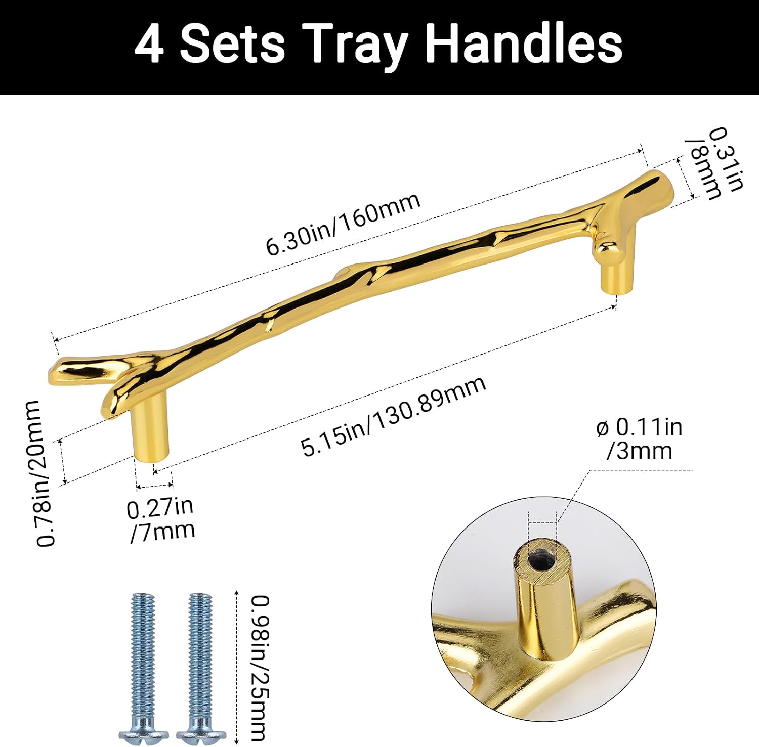 160mm Branches Shaped Metal Handles / Gold / 160 Mm / Set of 4