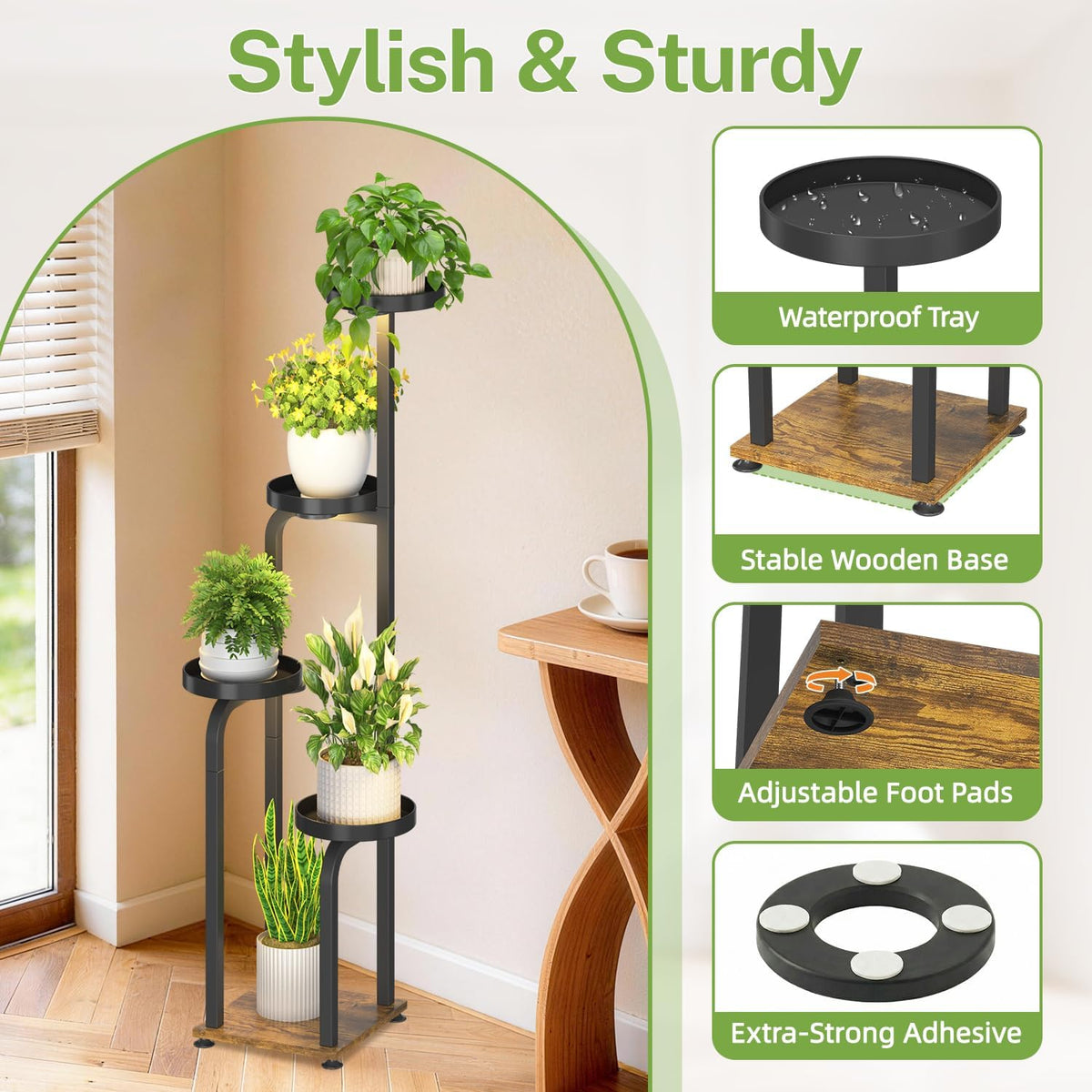 iDavosic.ly Tall Plant Stand Indoor with Grow Lights & Metal Trays, Brown | 4 Tier Corner Tiered Multiple Flower Holder