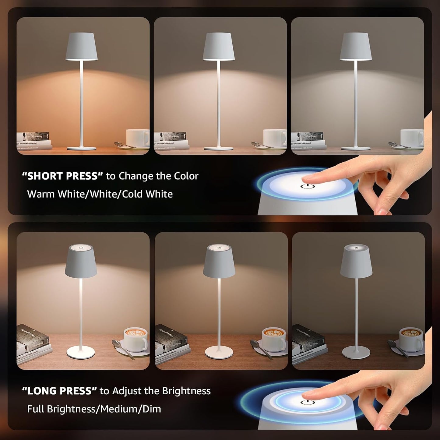 uuffoo 2 Pack Cordless Table Lamp Rechargeable 5000mAH Battery Operated Lights Touch Control LED Portable Desk Lamps 3