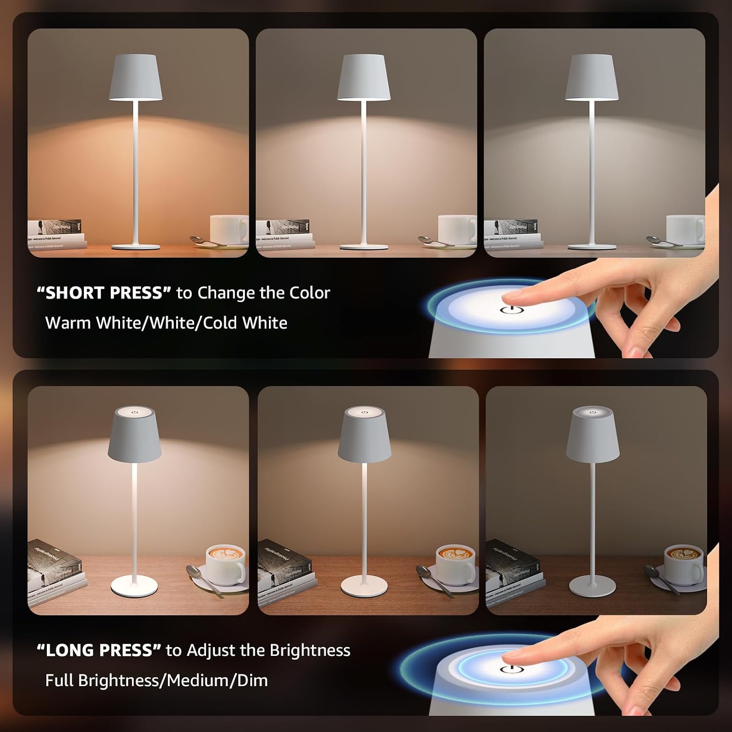 uuffoo 2 Pack Cordless Table Lamp Rechargeable 5000mAH Battery Operated Lights Touch Control LED Portable Desk Lamps 3