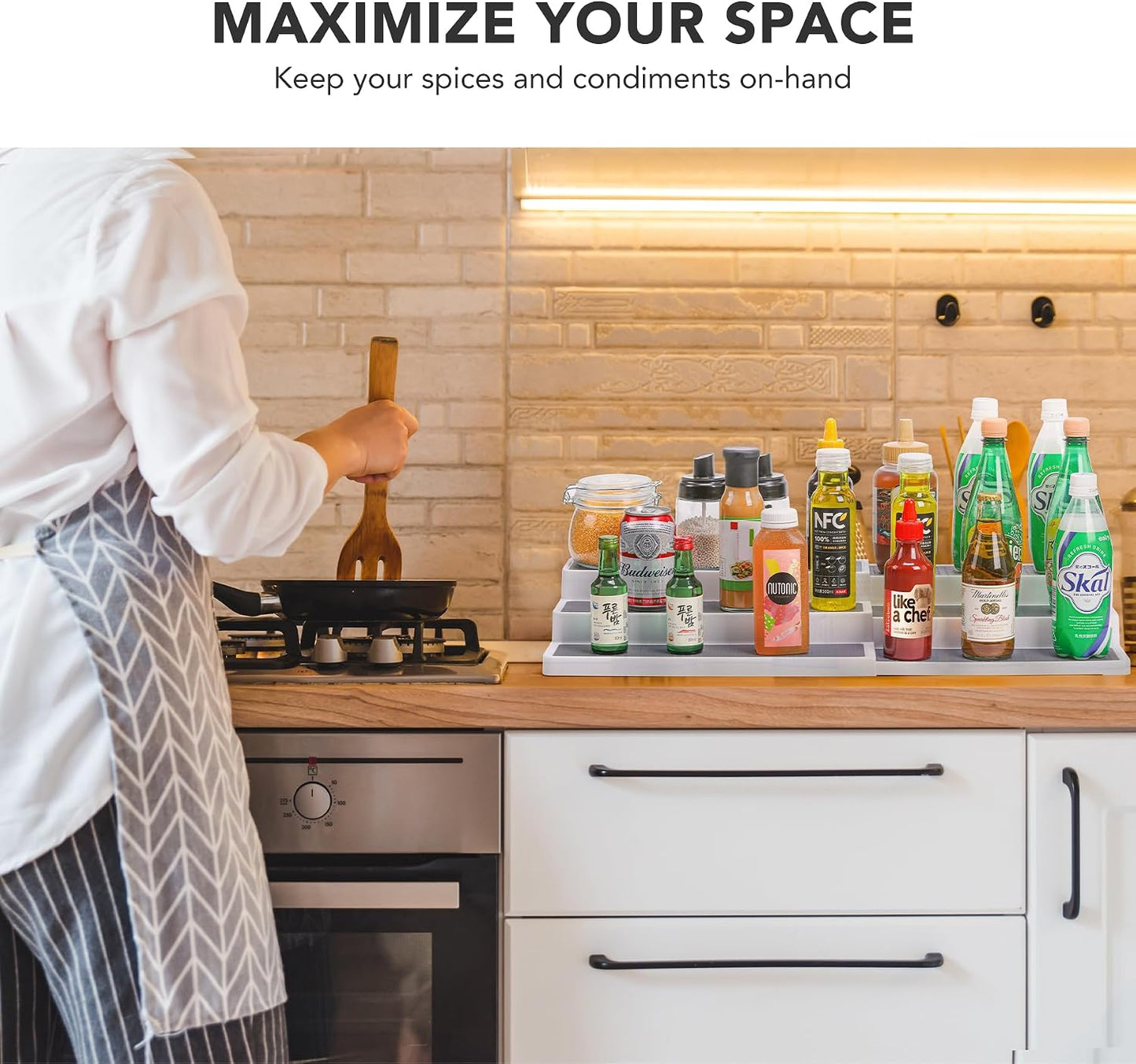 CiWiVOKi 3 Tier Expandable Spice Rack Organizer, Plastic Spice Rack, Adjustable Length 14.6In-25.8In, Non-Skid Tiered
