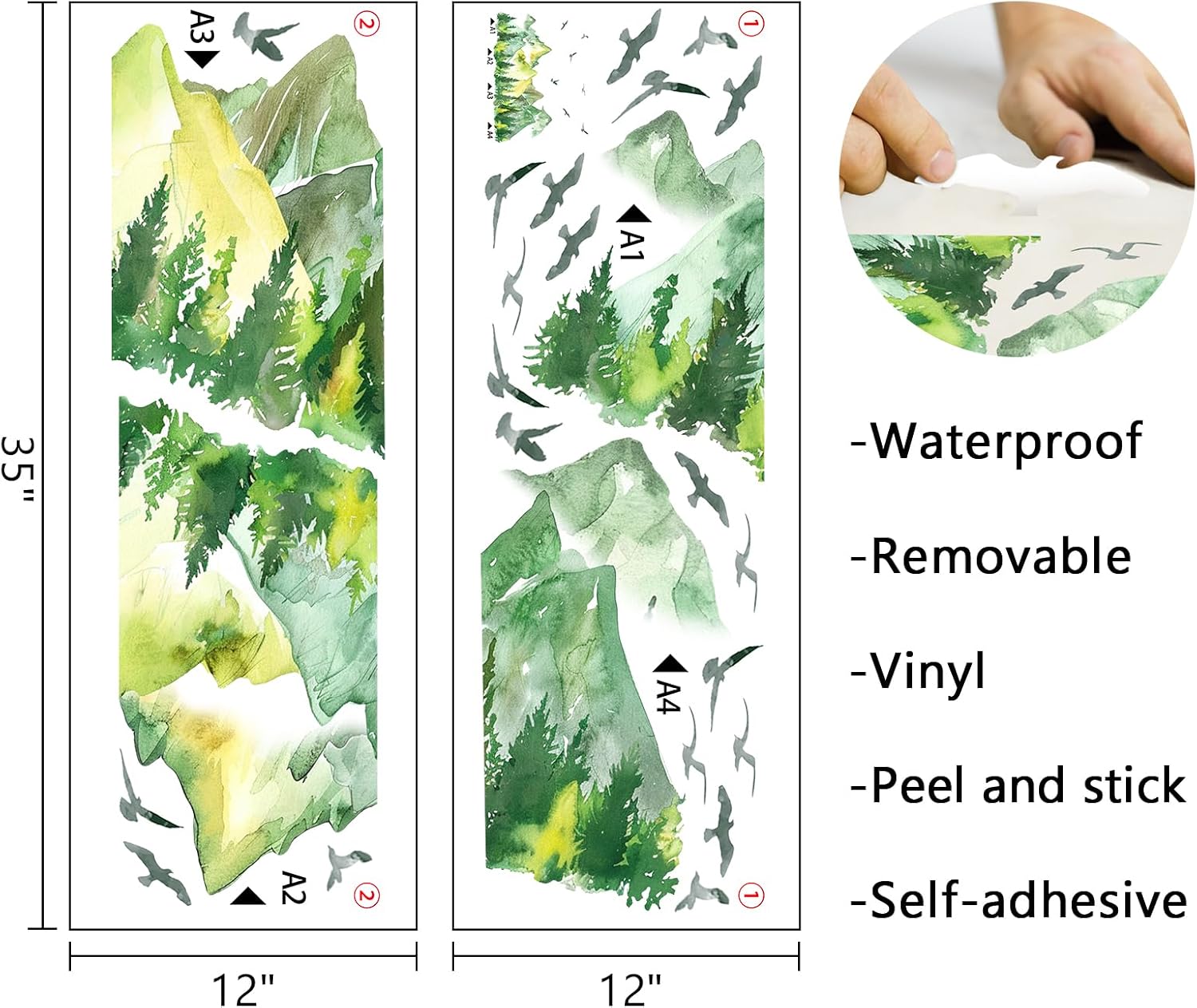 Watercolor Wall Decals Stickers / Mountain Birds / Green