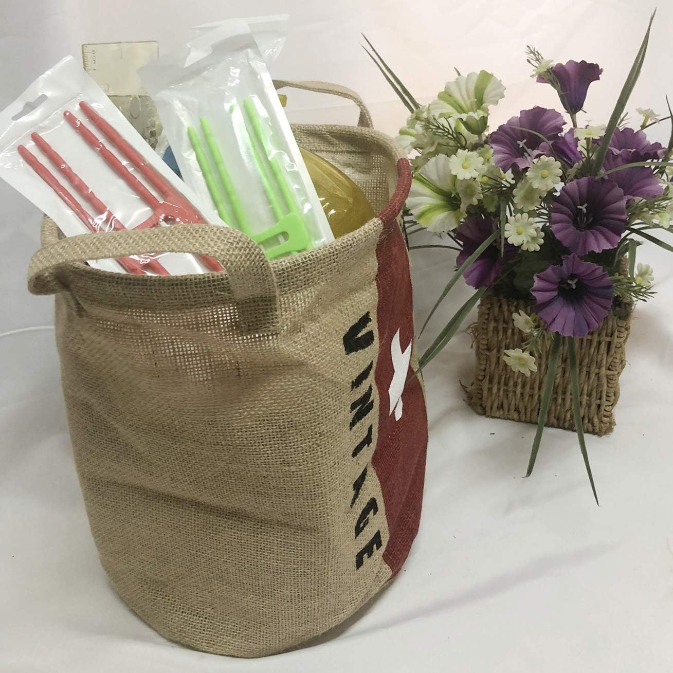 Burlap Woven Storage Basket Collapsible Vintage / Swiss Flag