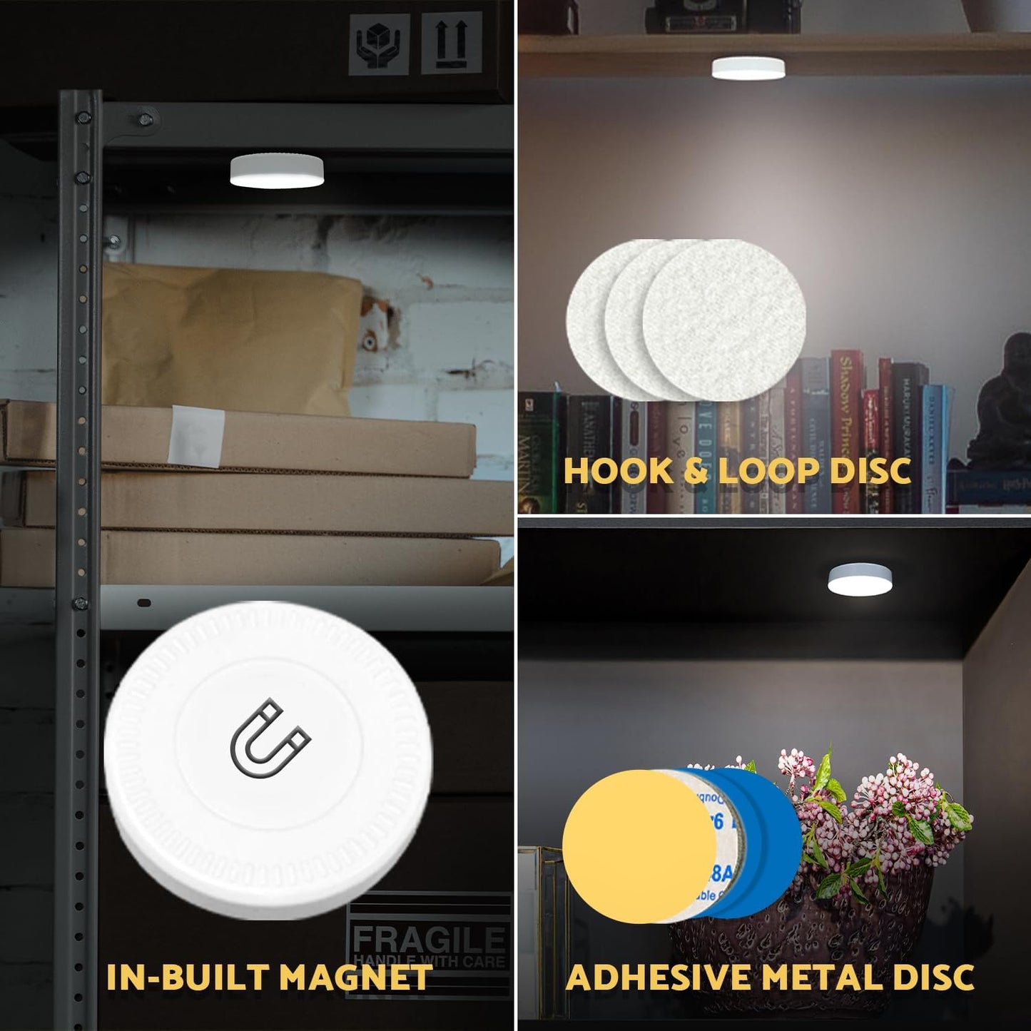 DAZZY DOT Rechargeable Puck Lights 2-Pack, Magnetic Tap Light, Cool White | Dimmable touch control, magnetic & adhesive