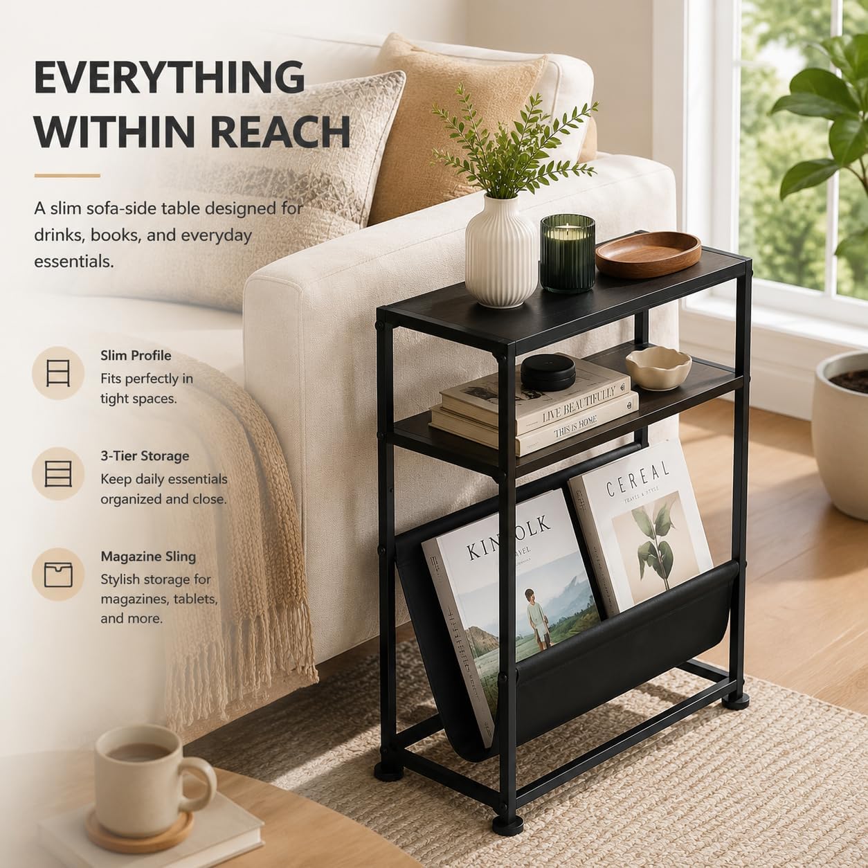 Narrow End Table for Small Spaces - Slim Side Table with Magazine Holder,2 in 1 Design Narrow Coffee Table Living