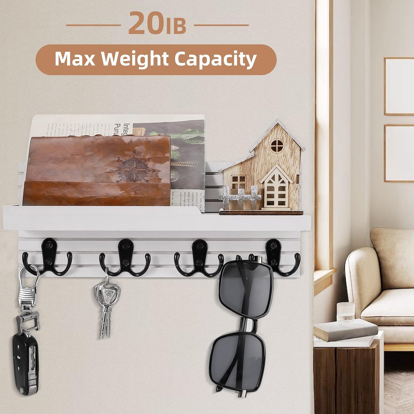 Easy Install Natural Wooden Key and Mail Holder / White
