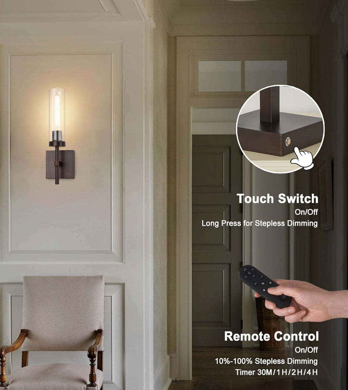 Oil Rubbed Bronze Battery Operated Wall Sconces with Remote Control, Wireless Wall Sconce Set of 2, Rechargeable