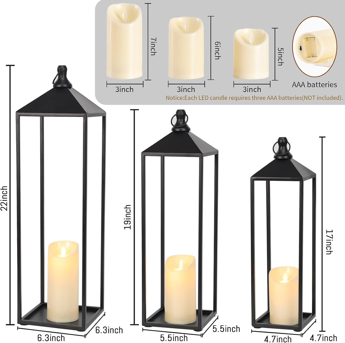 22'' 19'' 17'' Lanterns Decorative Outdoor Indoor, Set of 3 Floor Lanterns | Outdoor Lanterns with Candles, Glass-free