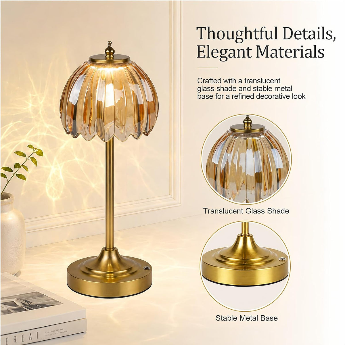 Rechargeable Cordless Table Lamp, 3 Color Temps & Stepless Dimming | 5200mAh Battery Glass Table Lamp, Touch Control &