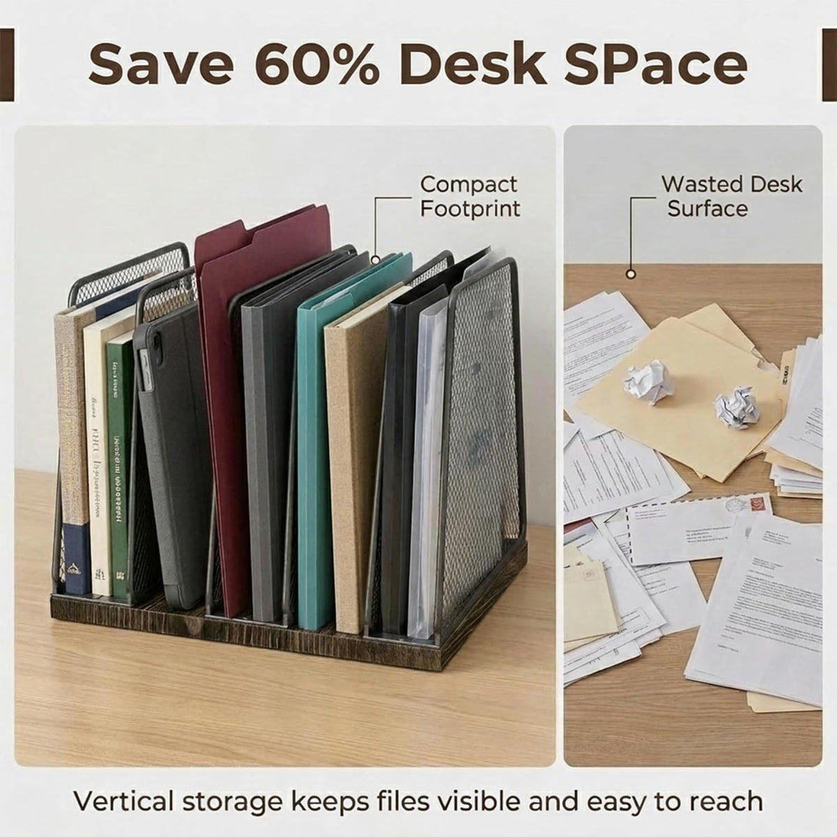 5-Section Vertical File Organizer for Desk, Sturdy Wood Base & Metal Mesh Desktop File Holder, Upright Paper Folder
