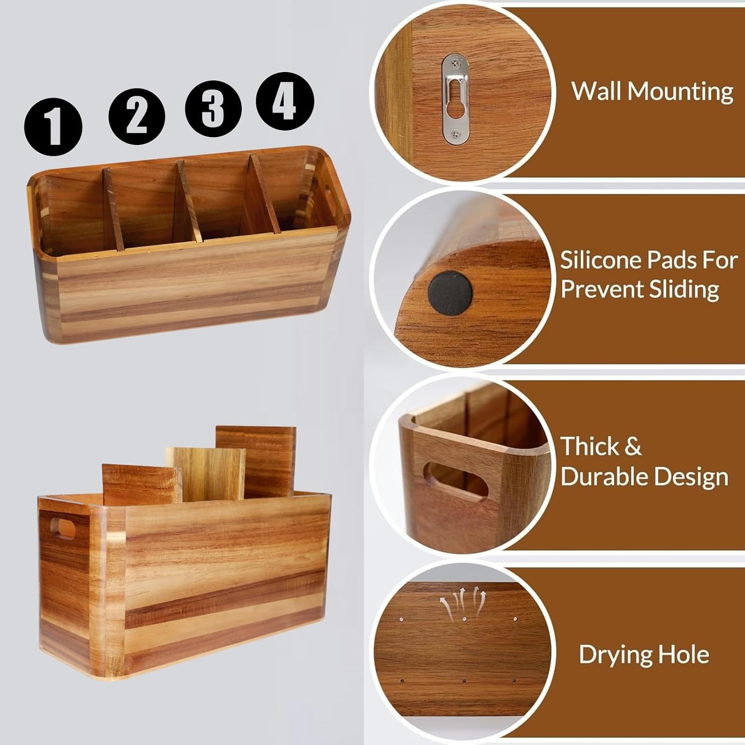 Wooden Kitchen Utensil Holder Organizer for Counter or Countertop, Large Wooden Utensil Holder for Storage Cooking and