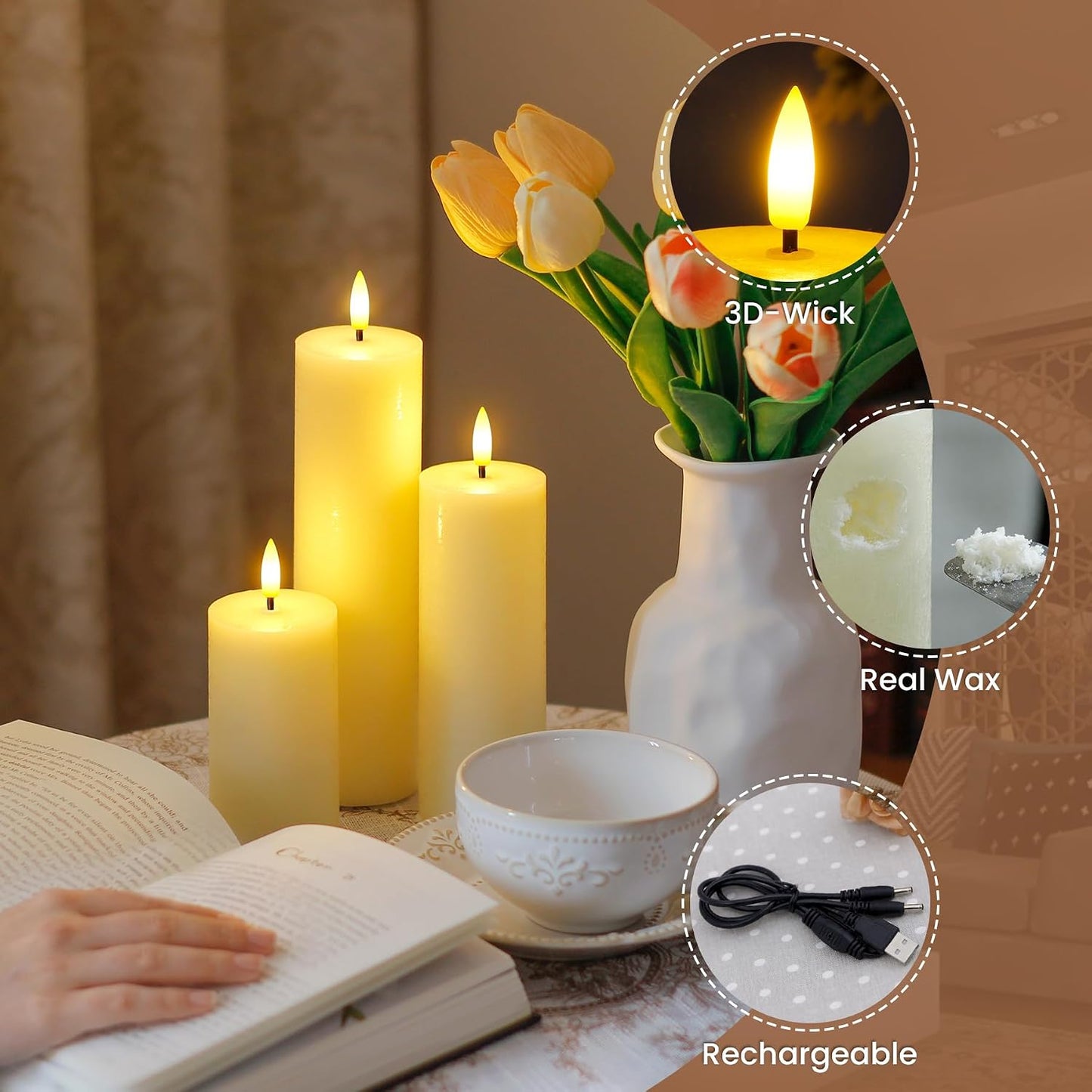 Rechargeable Flameless Flickering Tall Wax Remote 2.2" x4" 6" 8" 10" Ivory Candles, Timer Set of 4 LED Battery Operated