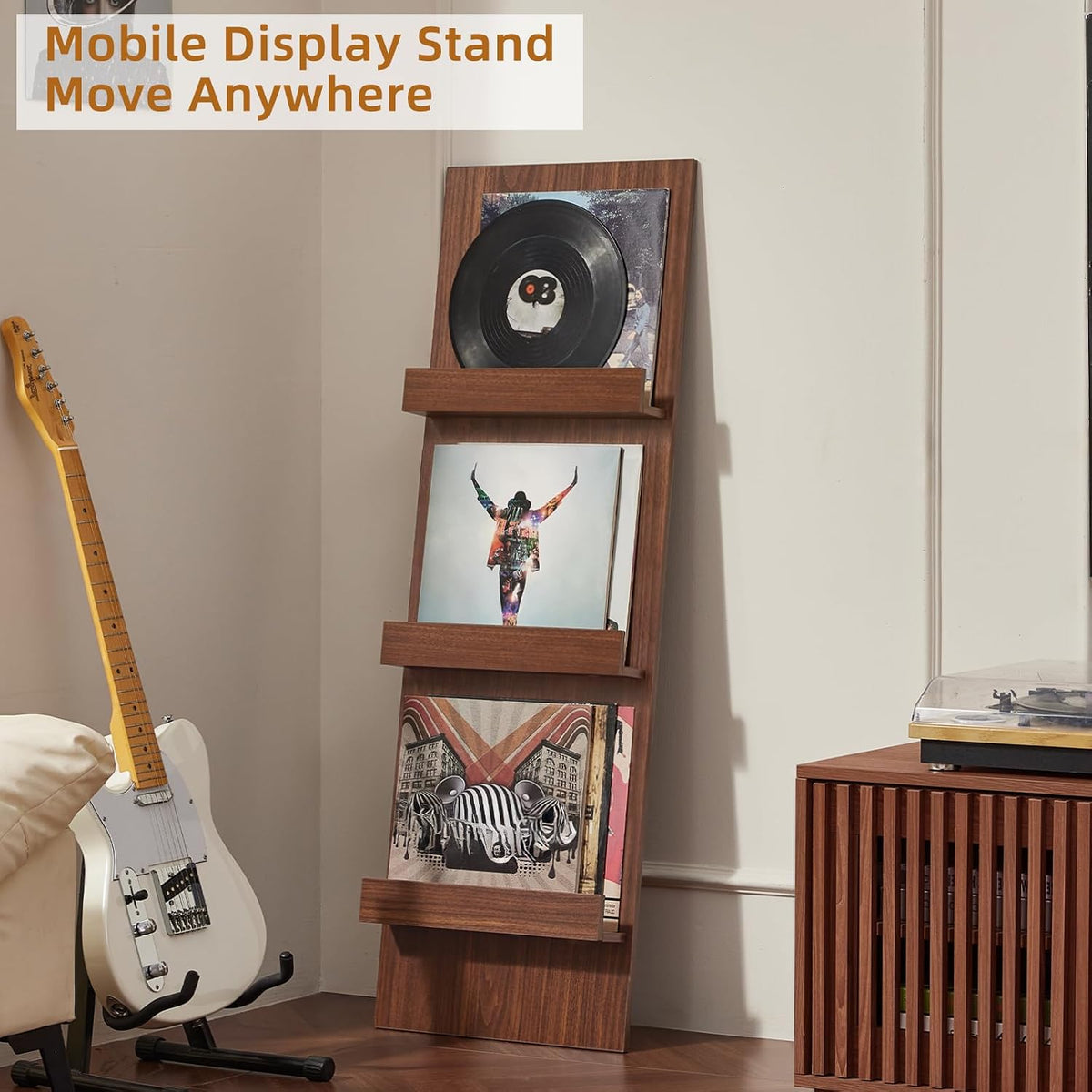 Wall-Leaning Vinyl Record Holder with 3 Tier Display Shelf, 47.5'' Tall Record Storage Magazine Holder, Vinlys Stand