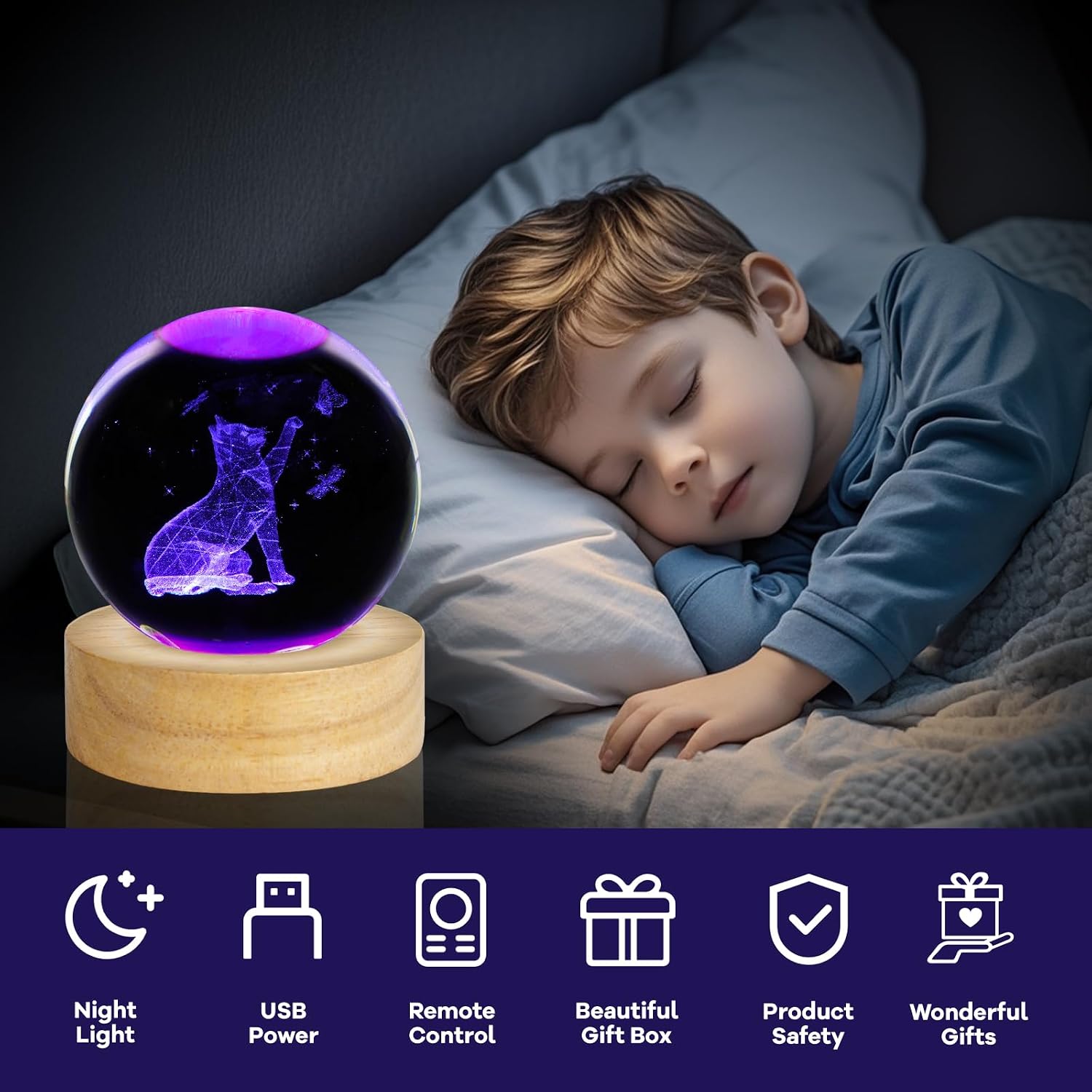 3D Crystal Ball Night Light Table Lamp Decor / Cat / 2.4 Inch