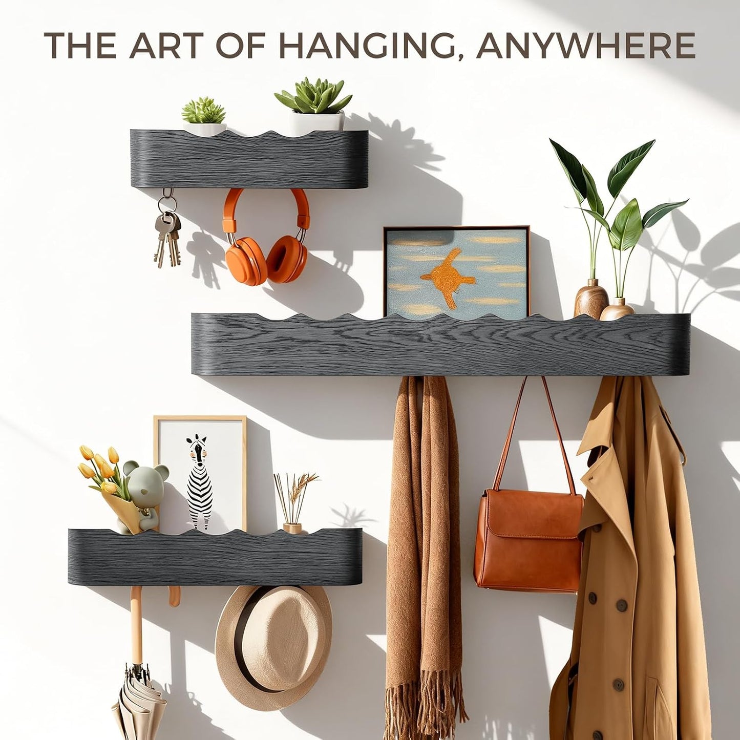Shelf Entryway Shelf Modern Key Holder Hanger Wall Shelves / Wavy Black / 5 Hooks