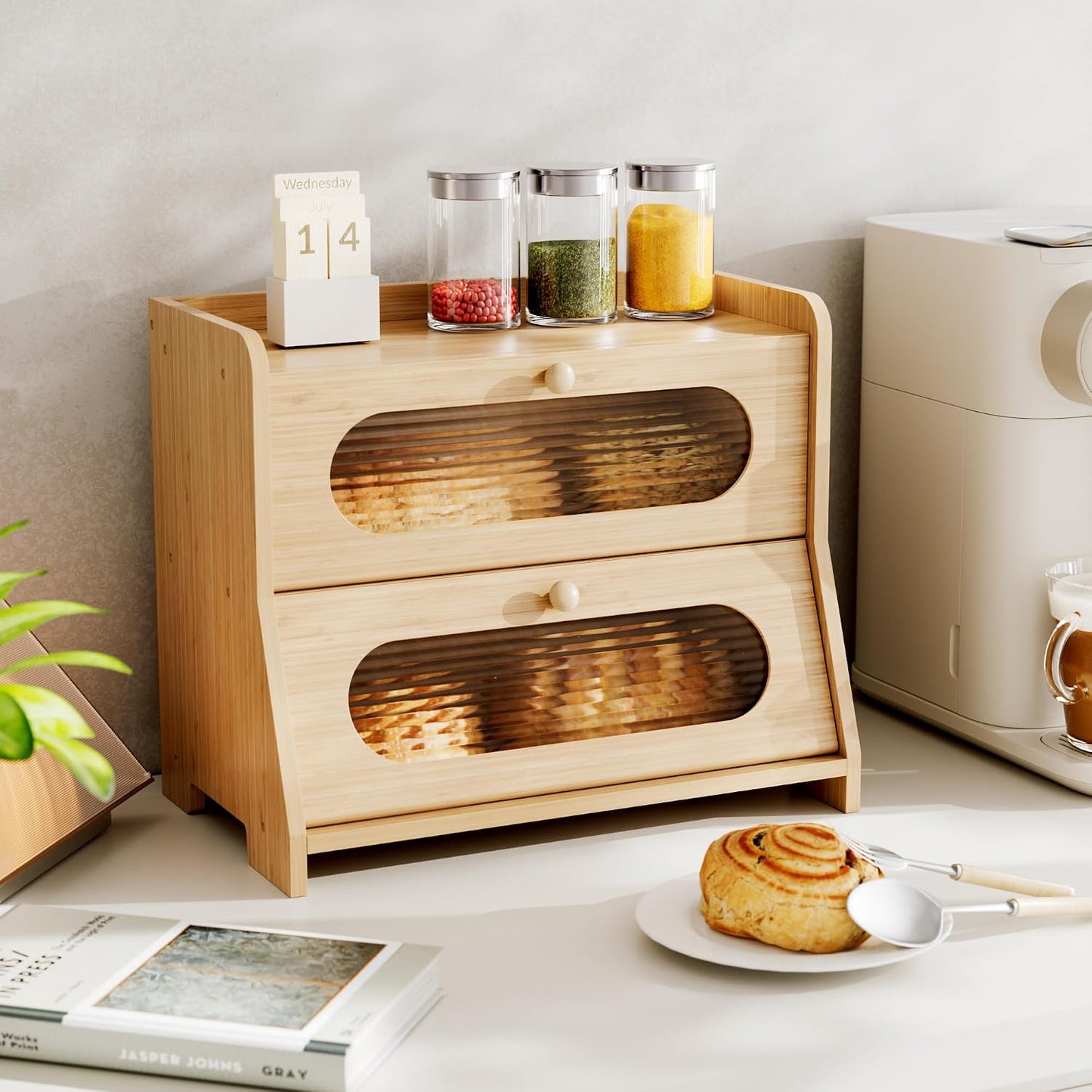 Bread Box,Extra Large 2-Tier Bamboo Bread Box for Kitchen Countertop,Bread Storage Container with Magnetic Acrylic Door