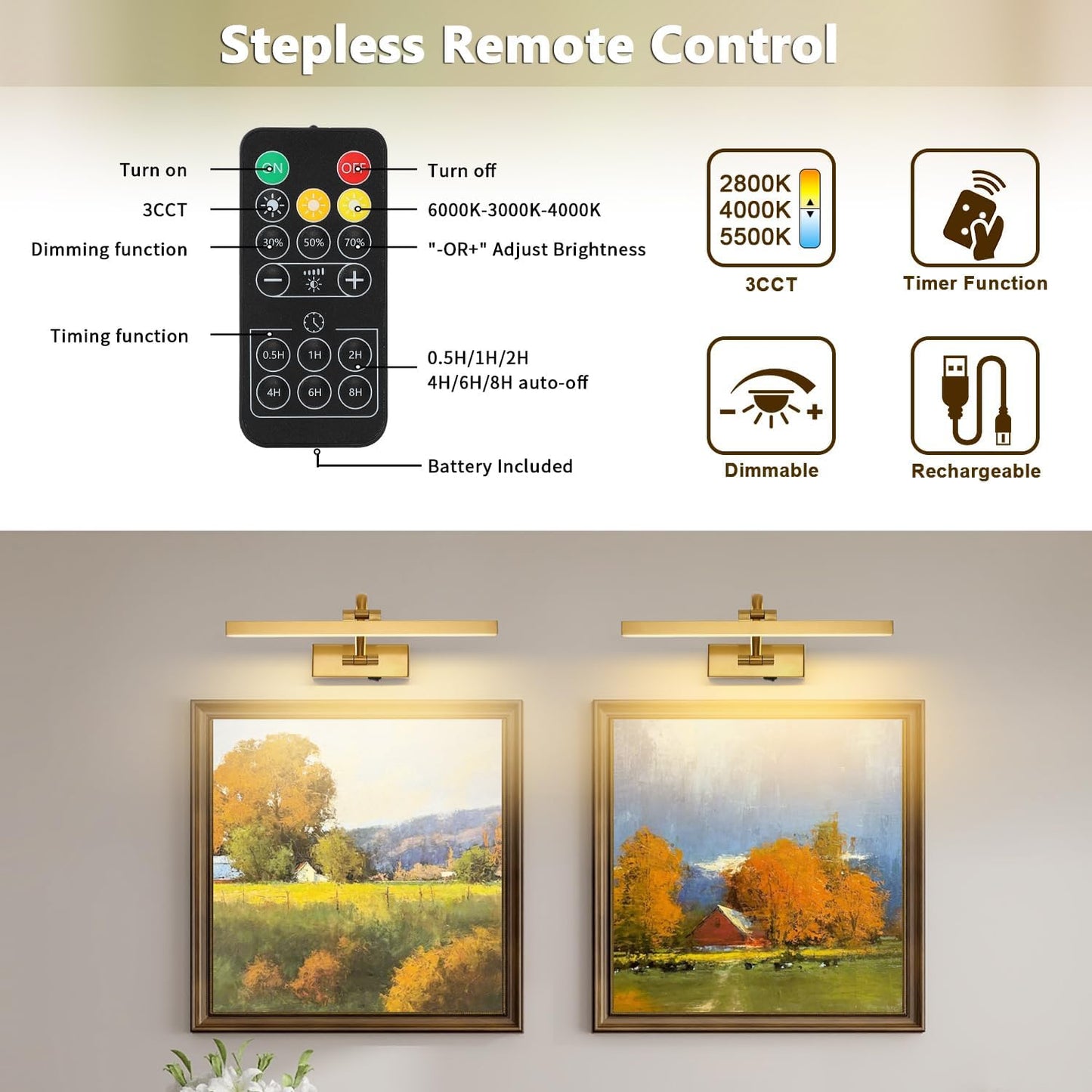 DESOOP Picture Lights for Wall Battery Operated, Brass Art Lighting for Paintings with Remote and Timer, Wireless