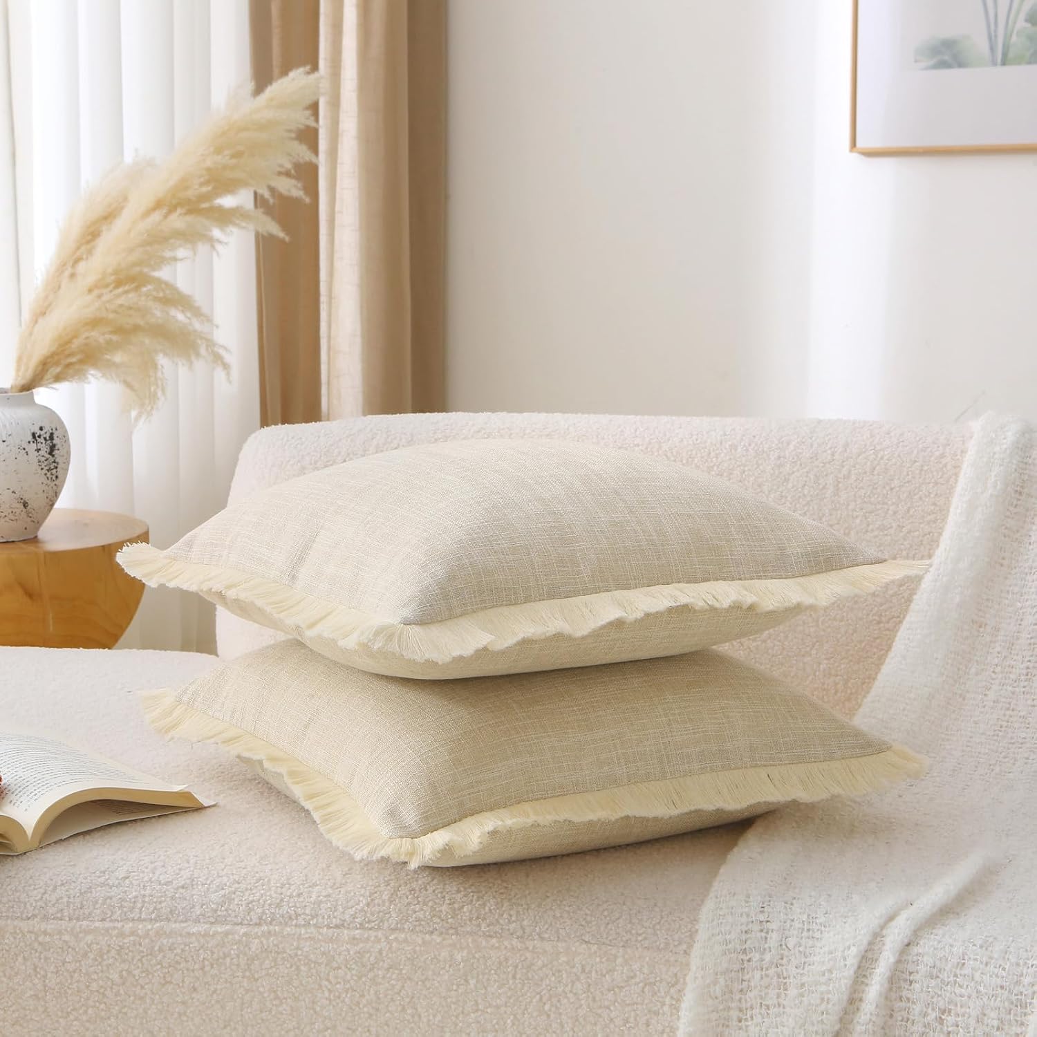 Natural Boho Burlap Fringe Decorative Throw Pillow Covers Rectangle / Beige / 20 x 12 / Set of 2