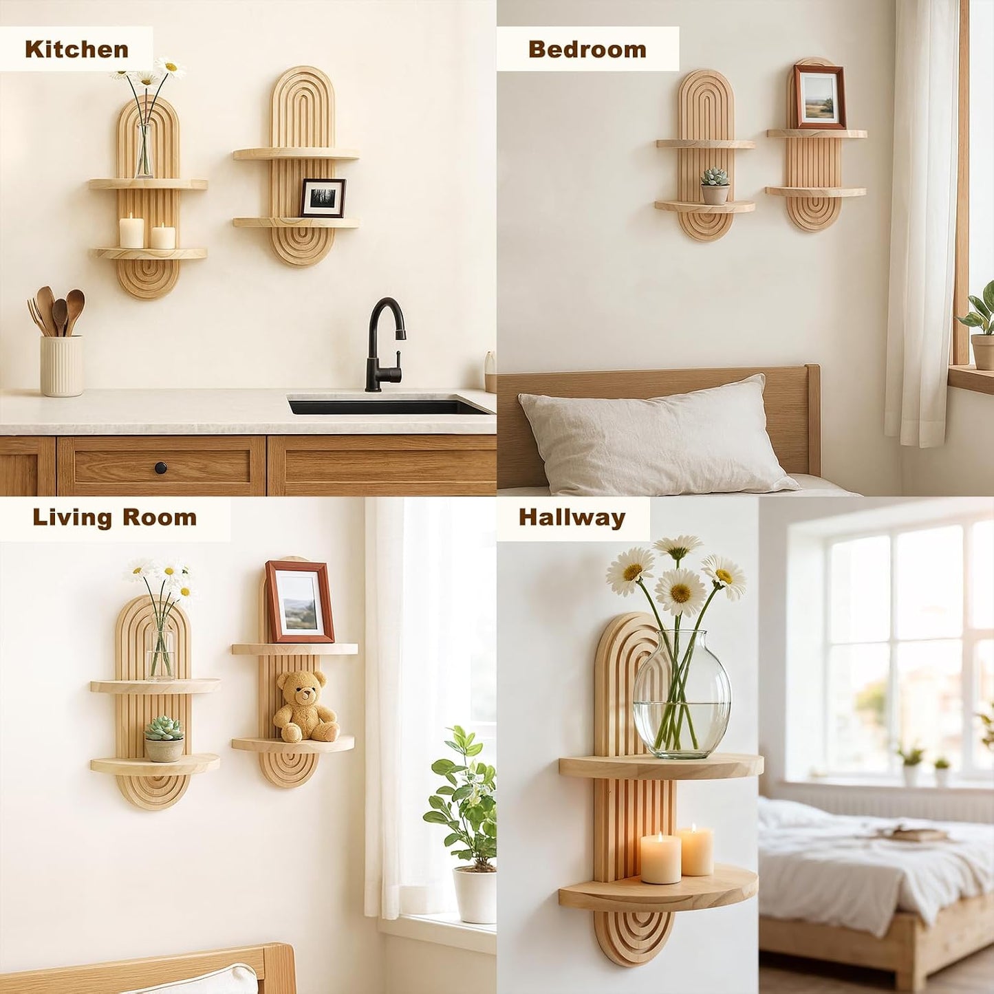 Shelf Wall Decor Boho Wood Floating Shelves Plant Holder 2-Tier Trinket Storage / 2 Beige / Set of 2