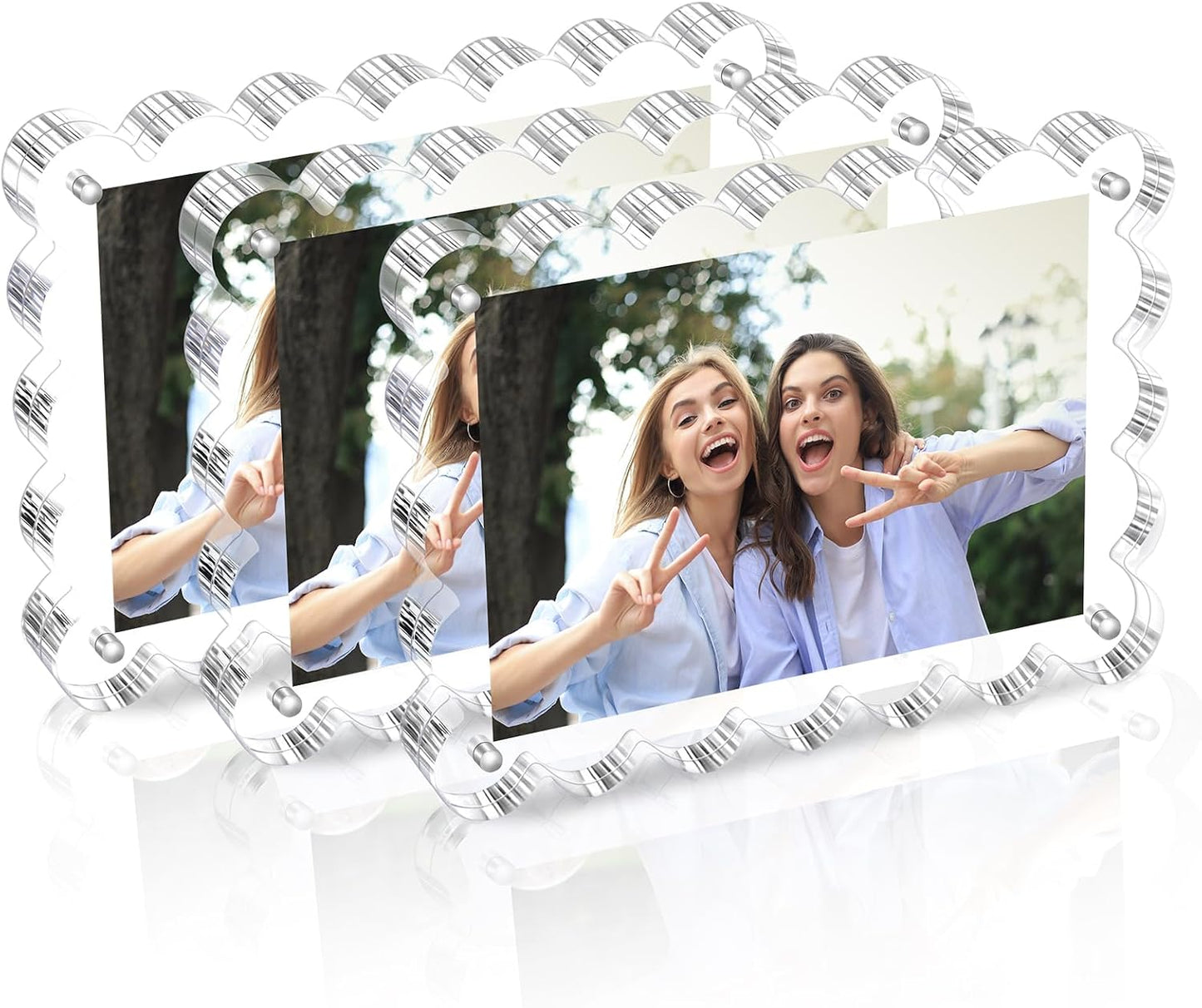 Chivalral 3 Pack 4x6 Acrylic Picture Frame, Double-Sided Tabletop Display | Scalloped Edge Design,10+10mmThick,Magnetic