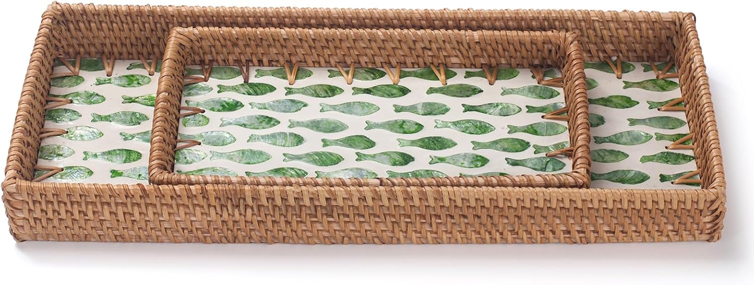 Rattan Bathroom Vanity Tray / Green Fish / Set of 2