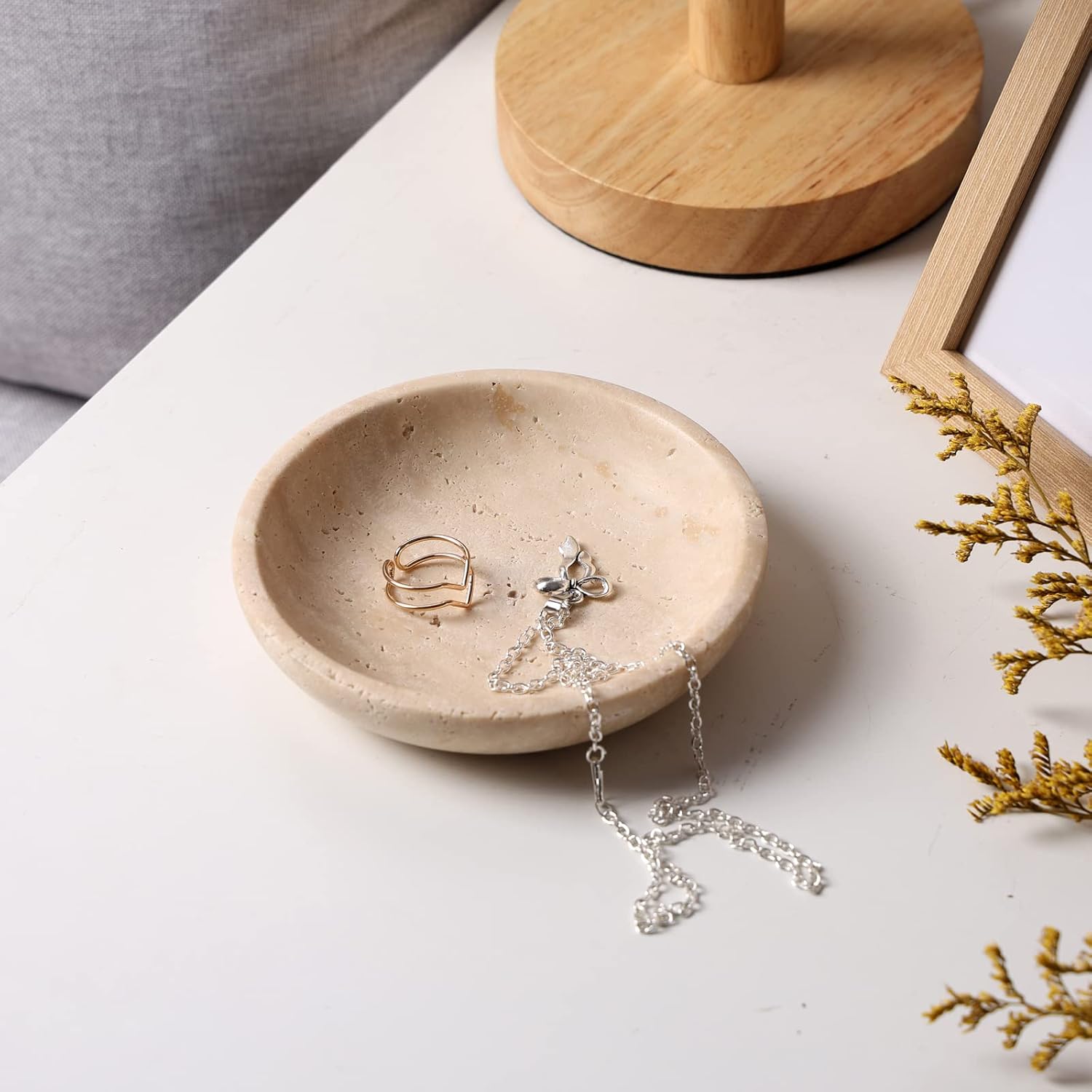 Natural Marble Travertine Ring Dish Jewelry Tray 5.5" for Women / Beige Travertine