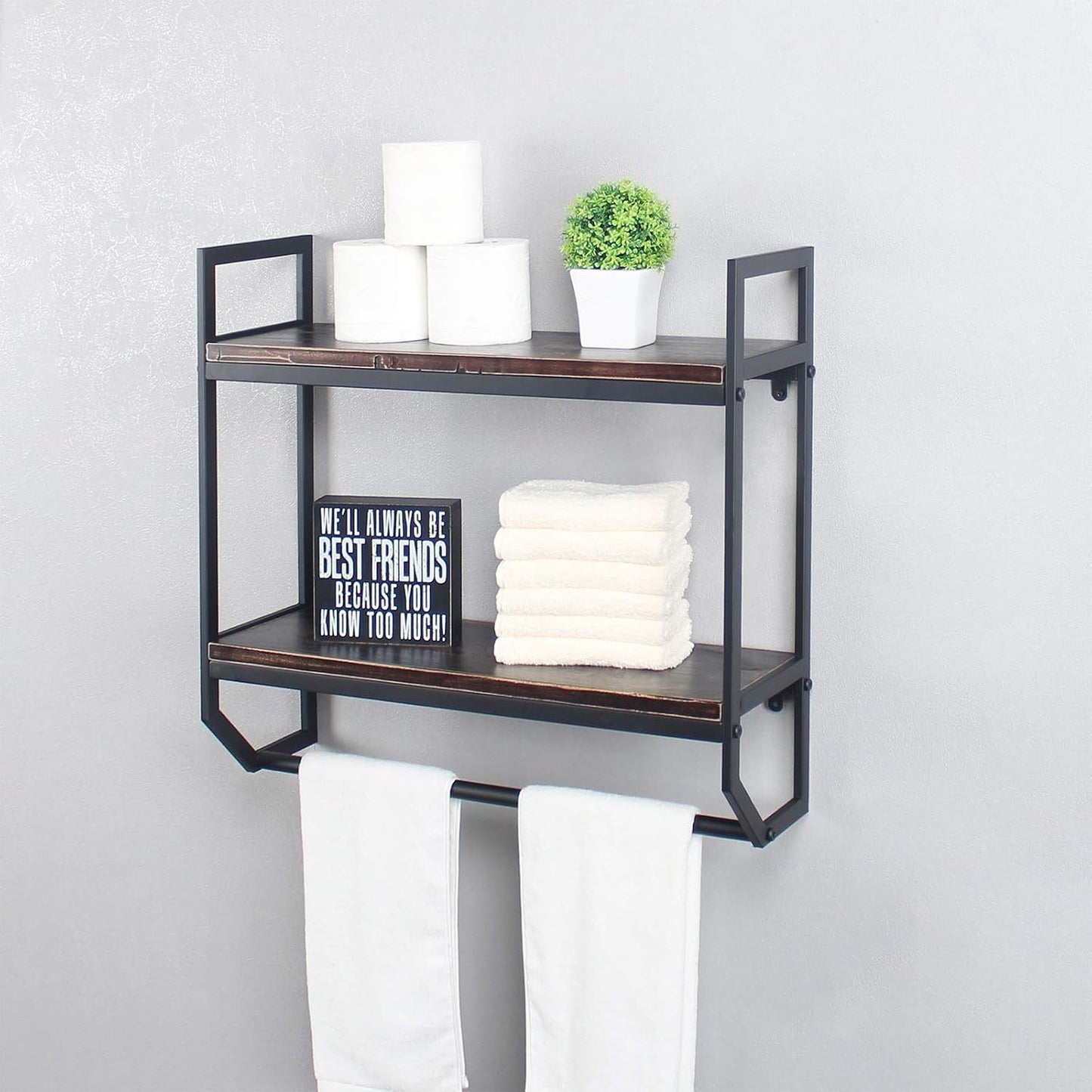 2-Tier Metal Industrial 23.6" Bathroom Shelves Wall Mounted,Rustic Wall Shelf Over Toilet,Towel Rack with Towel