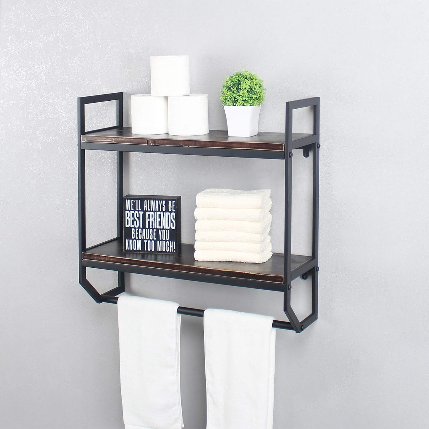 2-Tier Metal Industrial 23.6" Bathroom Shelves Wall Mounted,Rustic Wall Shelf Over Toilet,Towel Rack with Towel