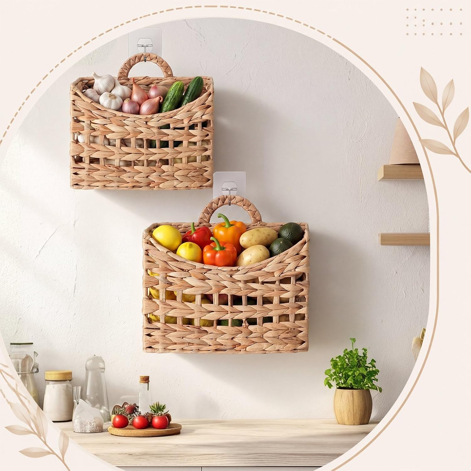Wall Hanging Baskets for Organizing Water Hyacinth Woven Baskets Sets Boho / Natural / Set of 2