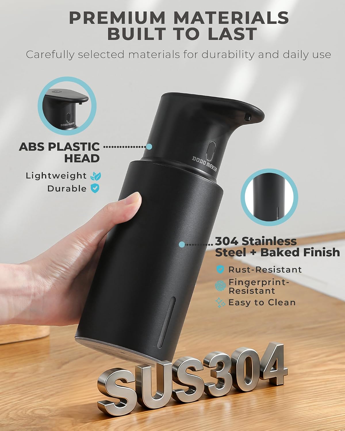 Automatic Liquid Soap Dispenser Touchless, 304 Stainless Steel Bottle Body | 16.2oz/480ml Rechargeable, 3 Adjustable