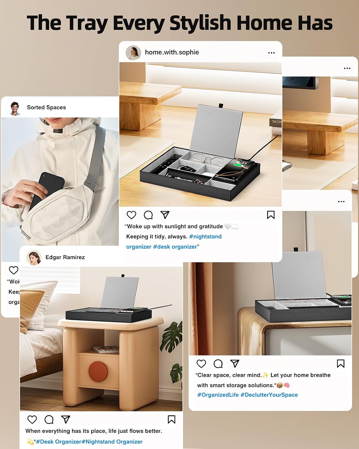 Leather Valet Tray with Wireless Charging Pad - Luxury EDC Nightstand Organizer for Men - Premium Desk Tray for Phone