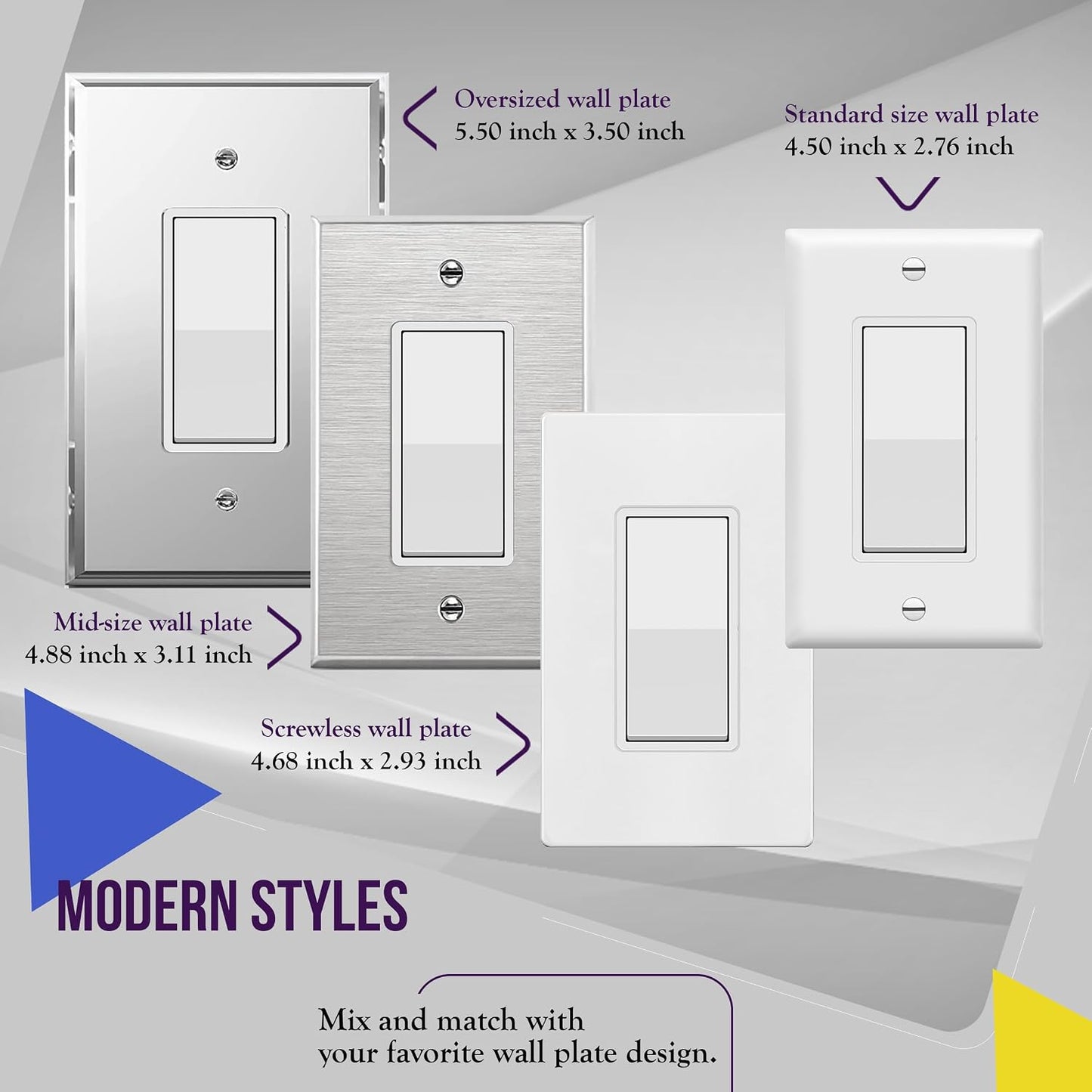 ENERLITES Decorator On/Off Paddle Switch with Wall Plates, Single Pole, 3 Wire, Grounding Screw, Residential Grade, 15A